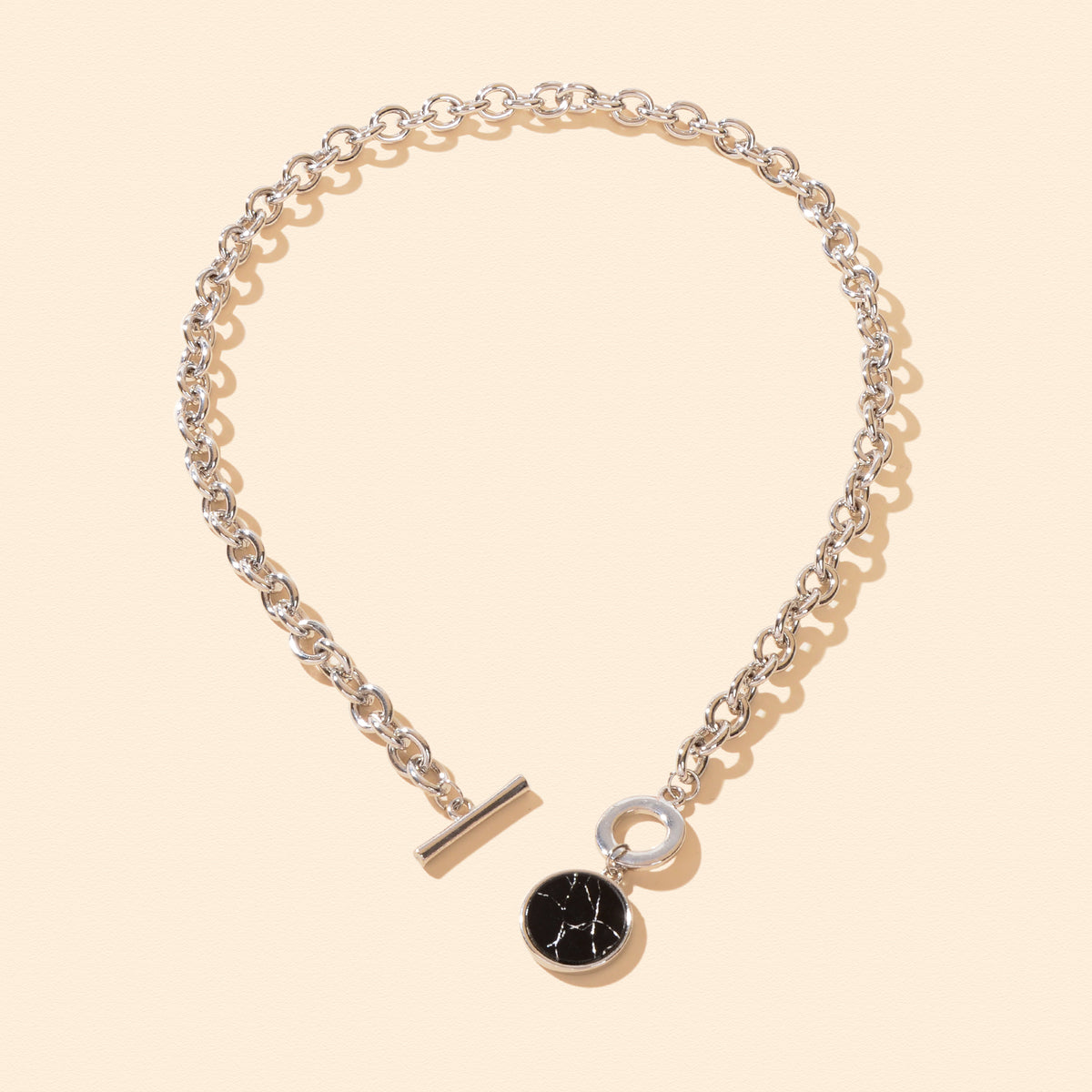 Punk Jewelry Chunky Silver Chain Black Marble Round Pendant Necklace Accessories