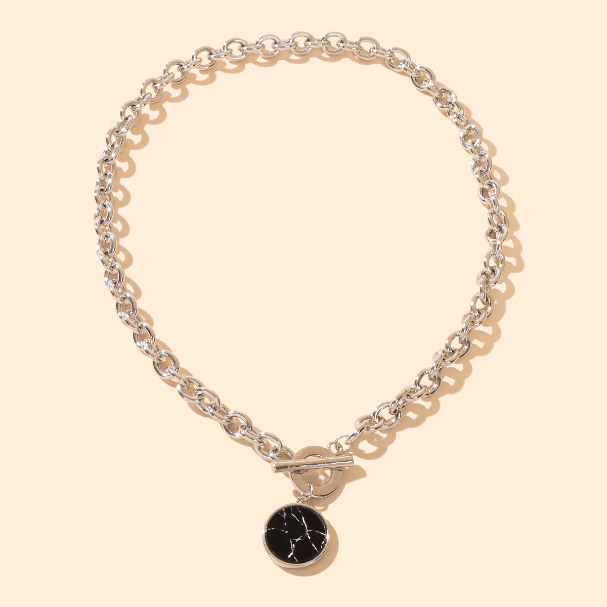 Punk Jewelry Chunky Silver Chain Black Marble Round Pendant Necklace Accessories