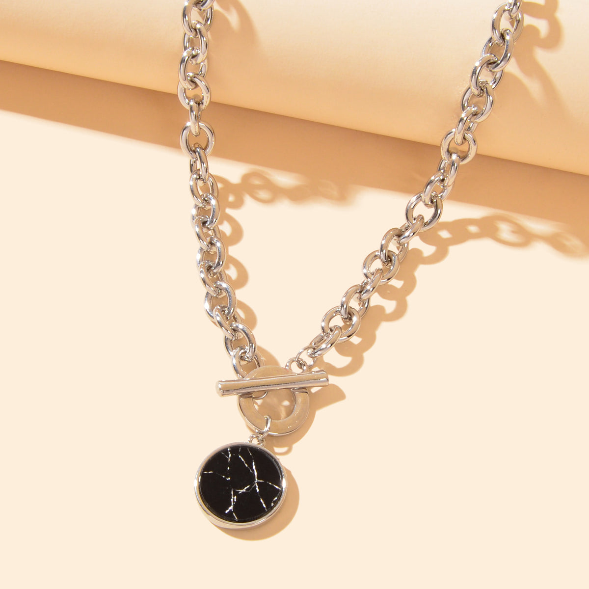 Punk Jewelry Chunky Silver Chain Black Marble Round Pendant Necklace Accessories