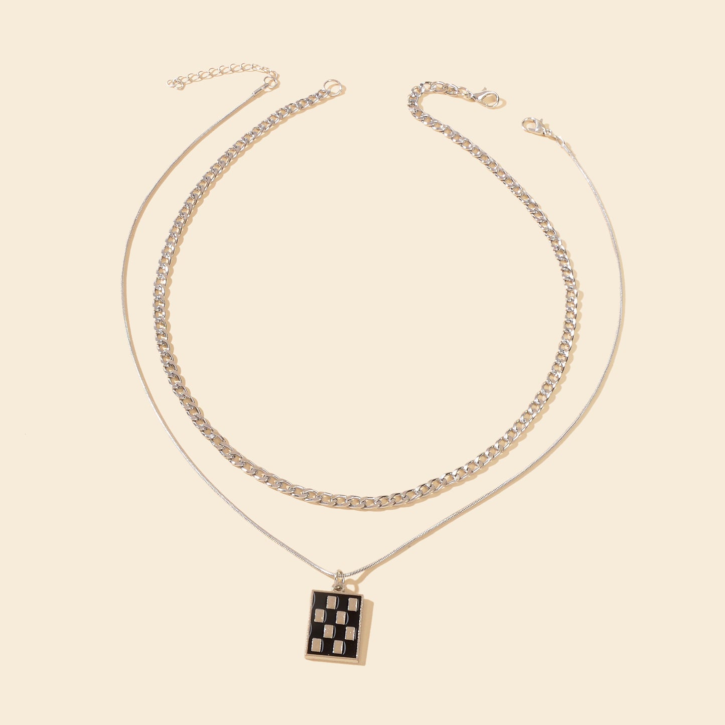 Street Double Layer Silvery Chain Black Silver Checkered Rectangle Geometric Pendant Necklace School Daily Accessory