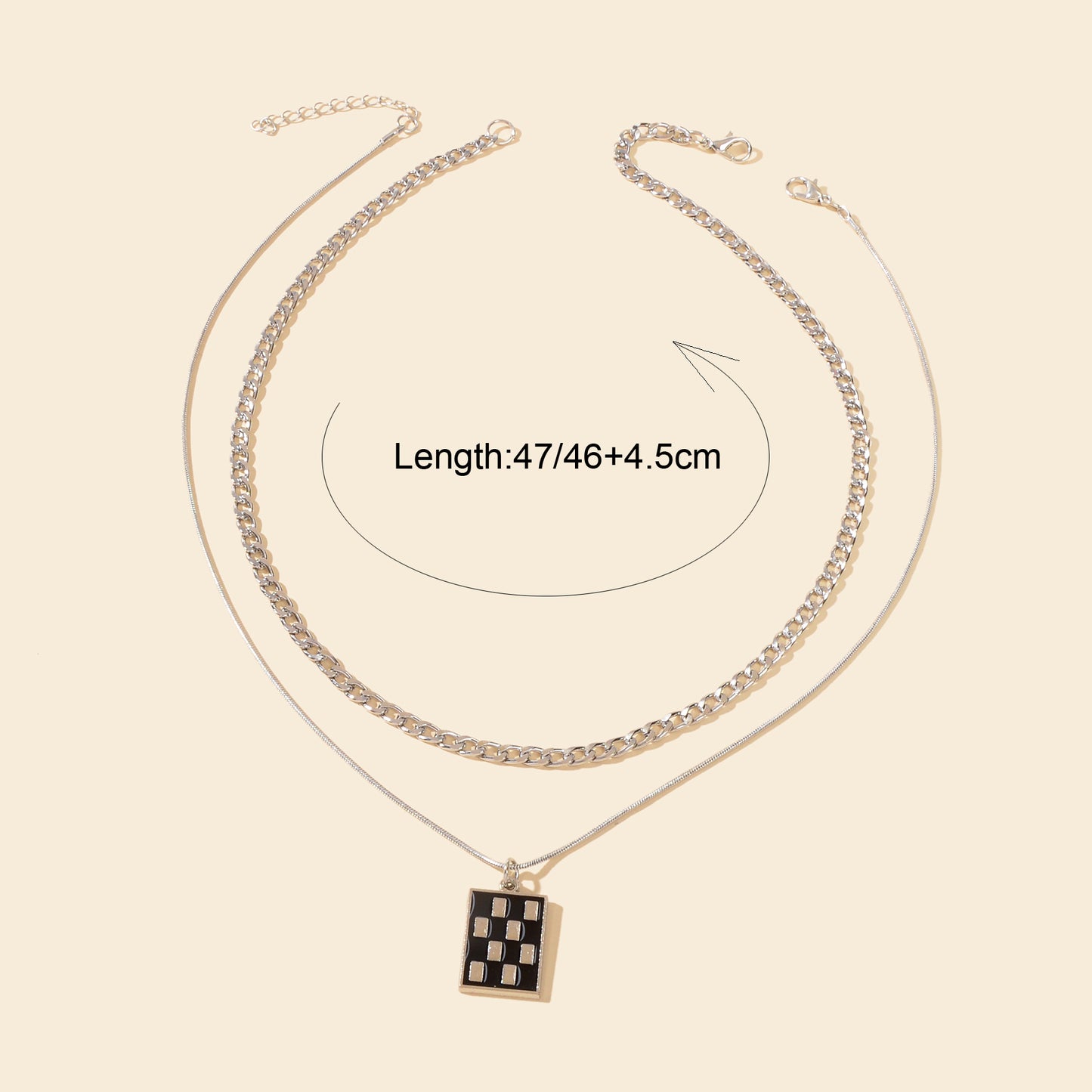 Street Double Layer Silvery Chain Black Silver Checkered Rectangle Geometric Pendant Necklace School Daily Accessory