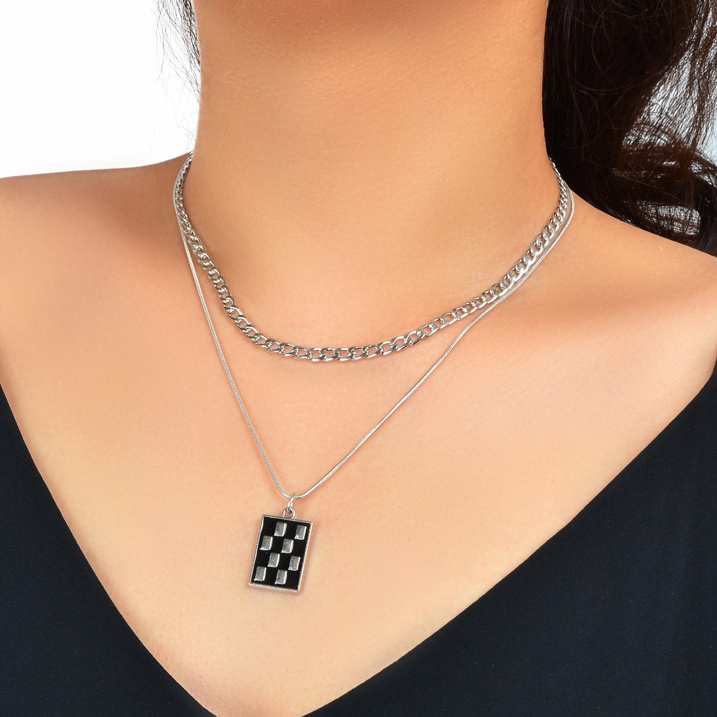 Street Double Layer Silvery Chain Black Silver Checkered Rectangle Geometric Pendant Necklace School Daily Accessory