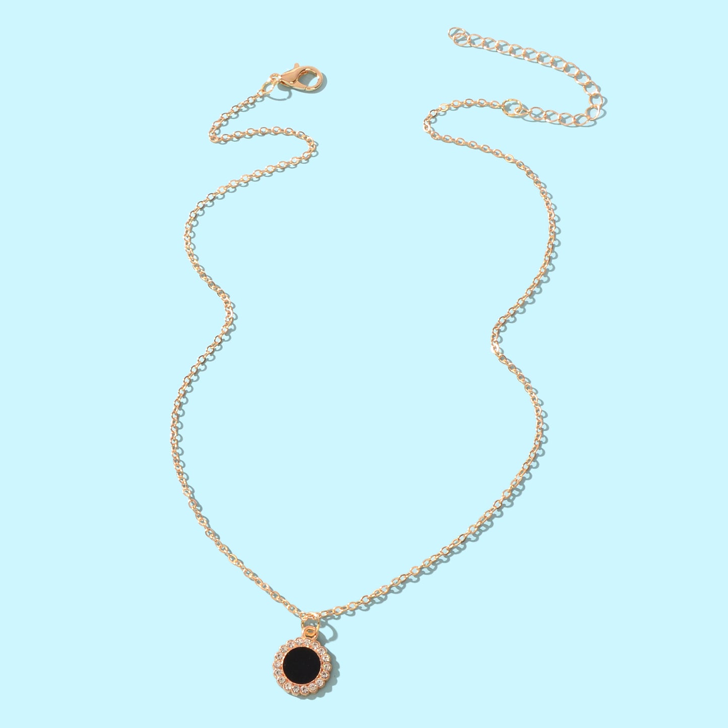 Golden Chain Rhinestone Decor Black Round Pendant Necklace Anniversary Jewelry
