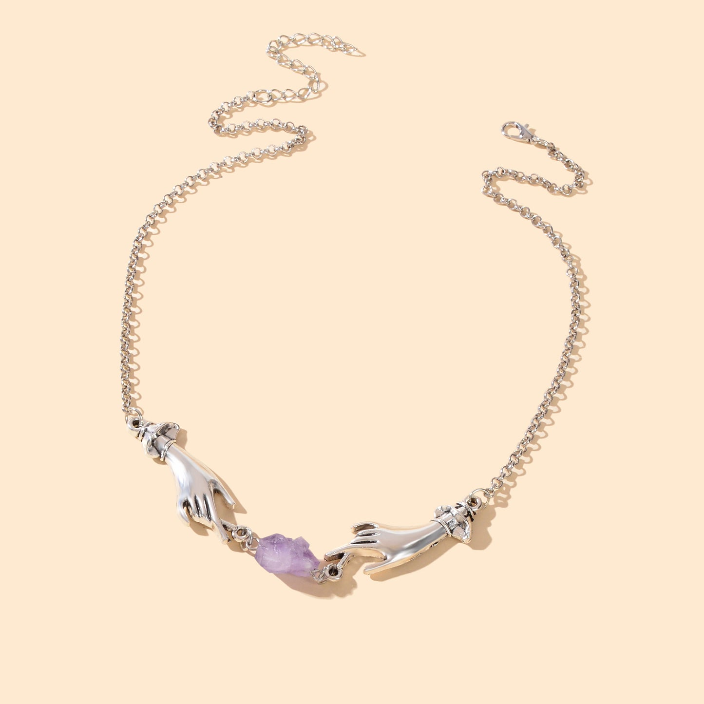 Personality Silvery Chain Witch Hand Purple Stone Pendant Necklace Halloween Costume Party Cosplay Jewelry