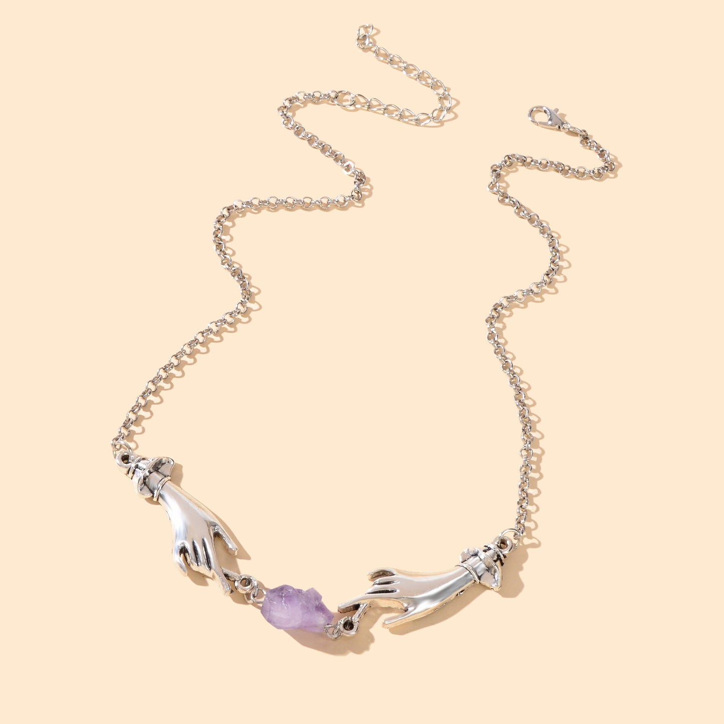 Personality Silvery Chain Witch Hand Purple Stone Pendant Necklace Halloween Costume Party Cosplay Jewelry