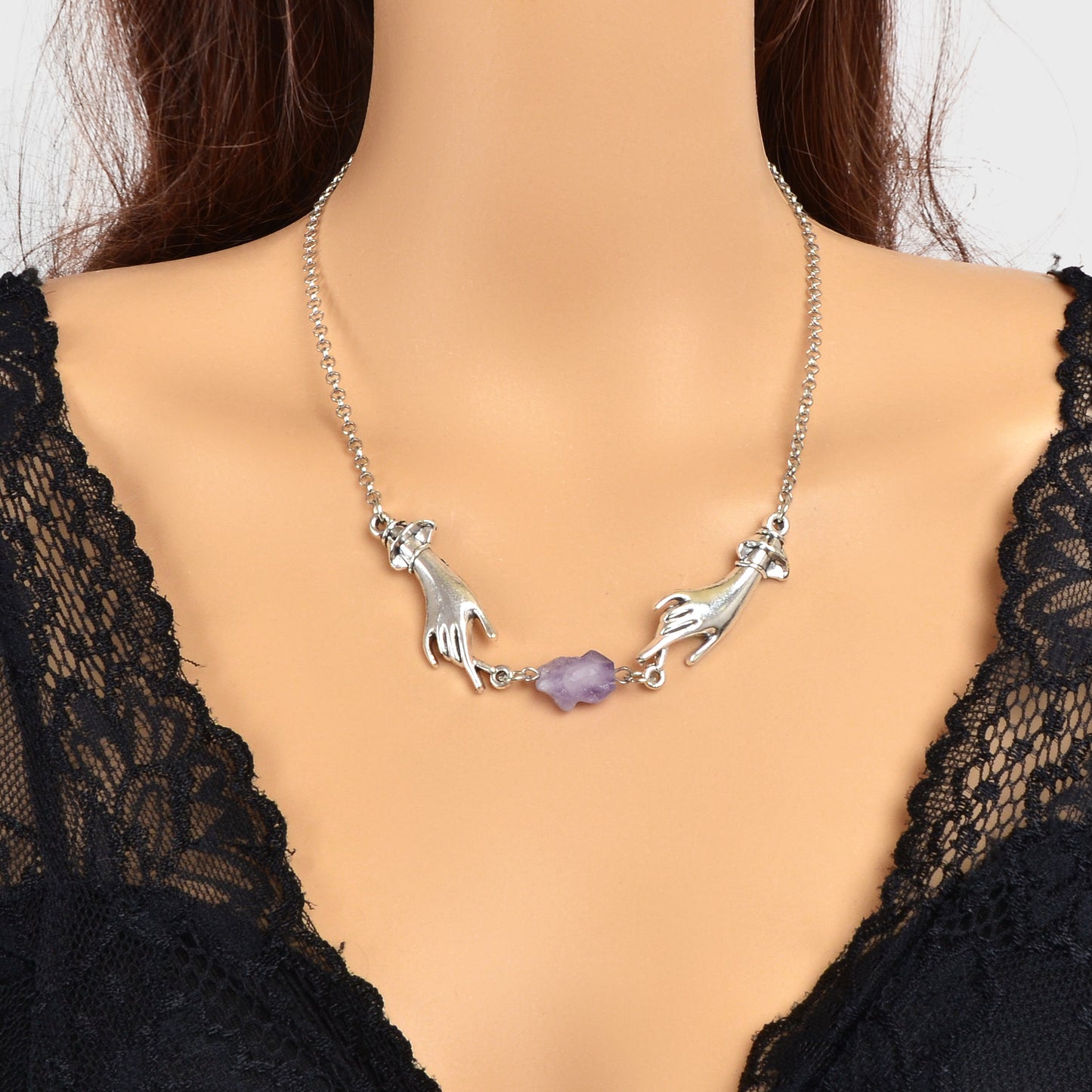 Personality Silvery Chain Witch Hand Purple Stone Pendant Necklace Halloween Costume Party Cosplay Jewelry
