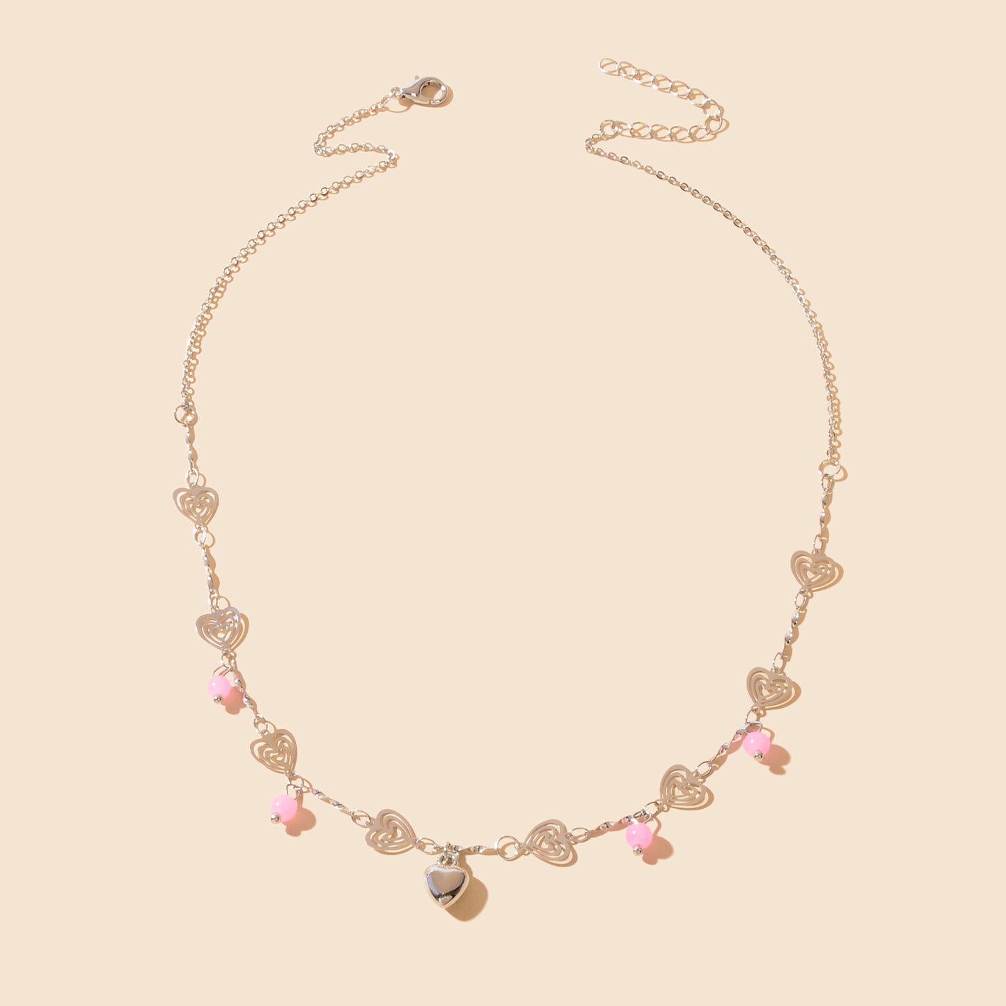 Gift Jewelry Pink Beads Decor Silvery Chain Heart Pendant Necklace Fashion Accessories
