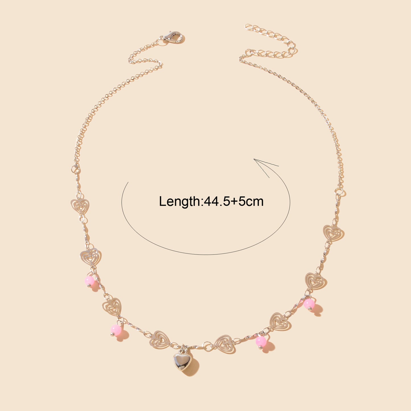 Gift Jewelry Pink Beads Decor Silvery Chain Heart Pendant Necklace Fashion Accessories