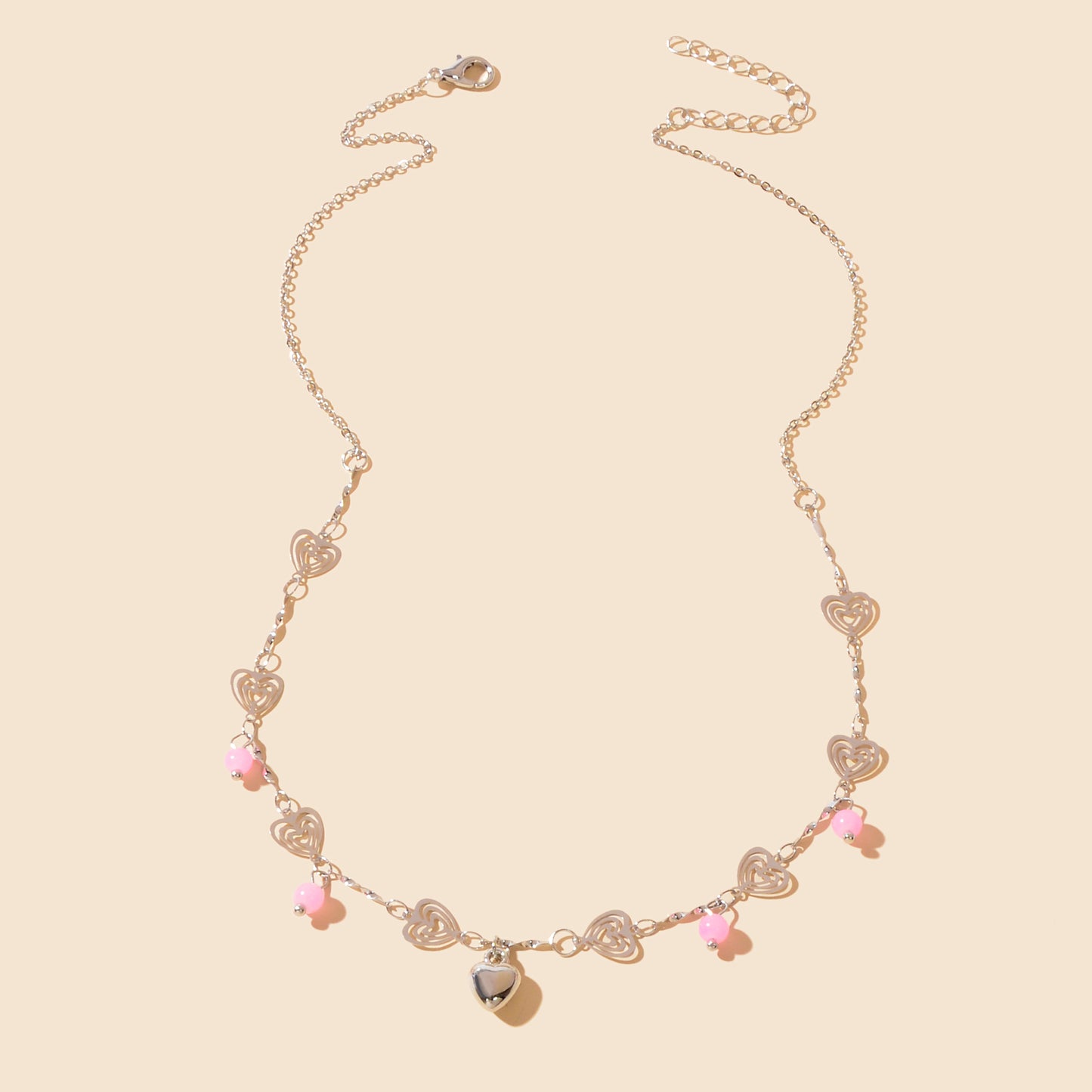 Gift Jewelry Pink Beads Decor Silvery Chain Heart Pendant Necklace Fashion Accessories