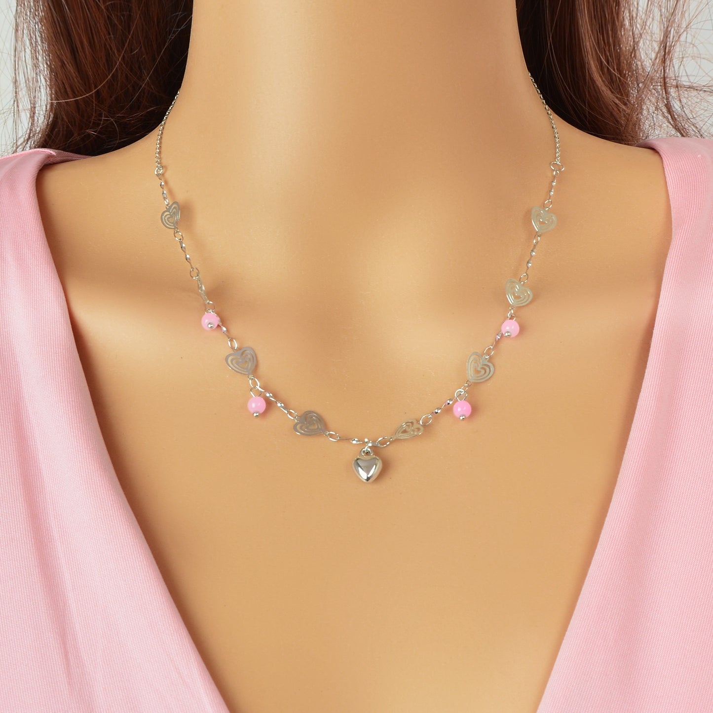 Gift Jewelry Pink Beads Decor Silvery Chain Heart Pendant Necklace Fashion Accessories