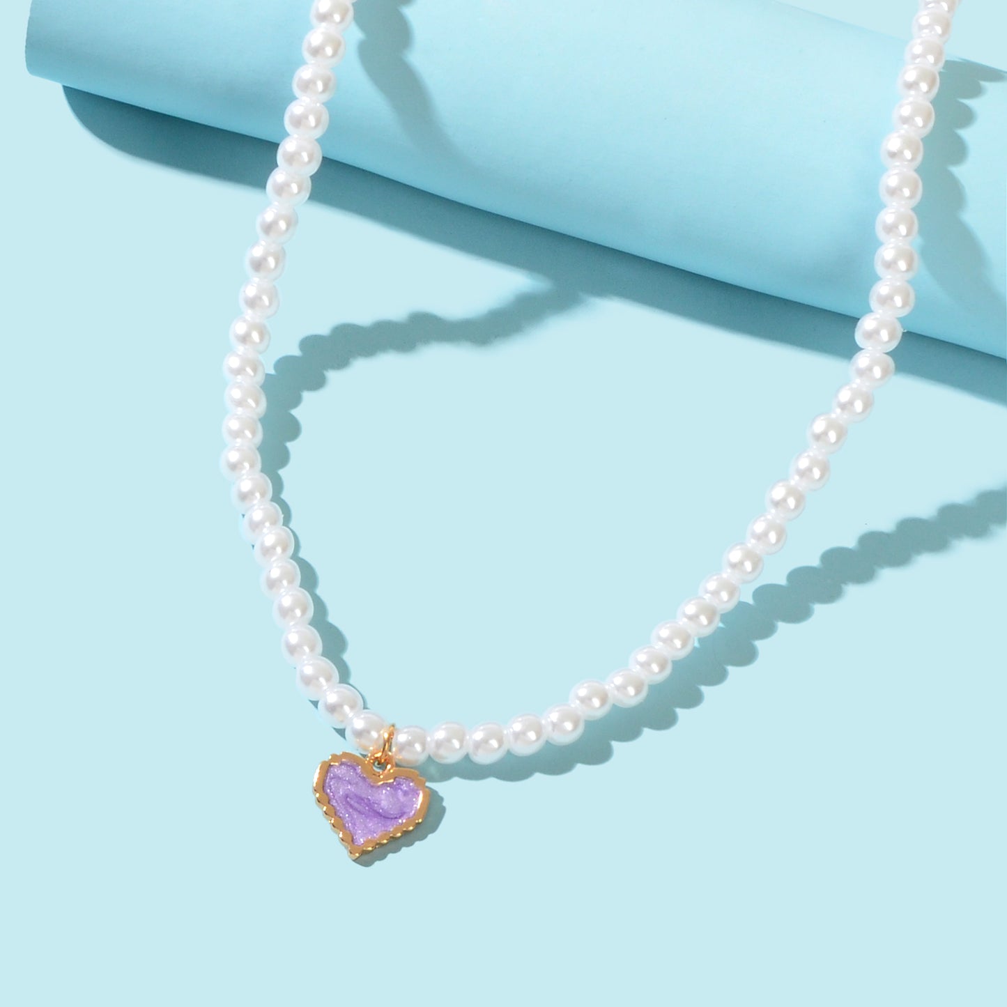 Elegant Imitation Pearl Chain Purple Enamel Heart Pendant Collar Necklace Anniversary Engagement Festival Gift Jewelry