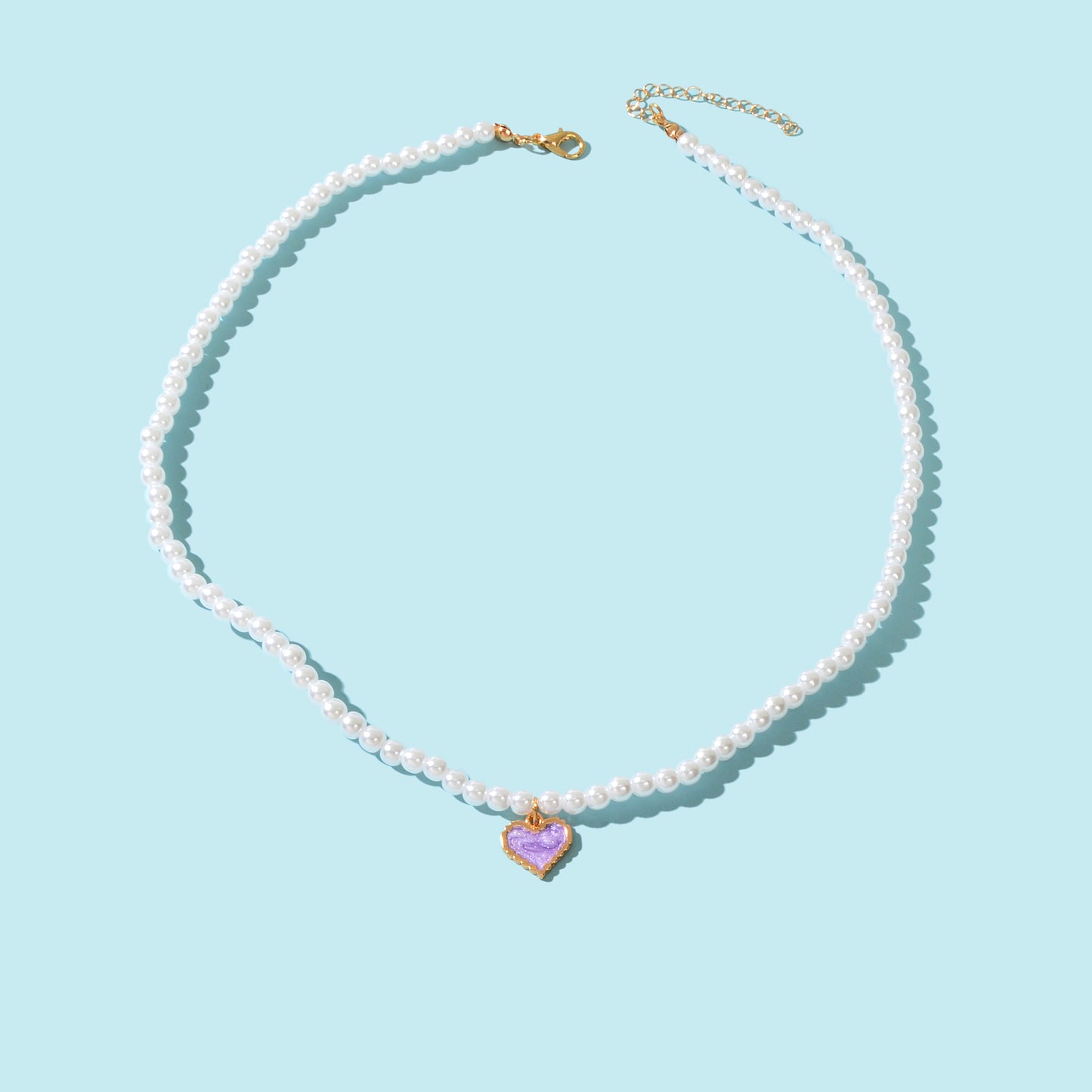 Elegant Imitation Pearl Chain Purple Enamel Heart Pendant Collar Necklace Anniversary Engagement Festival Gift Jewelry