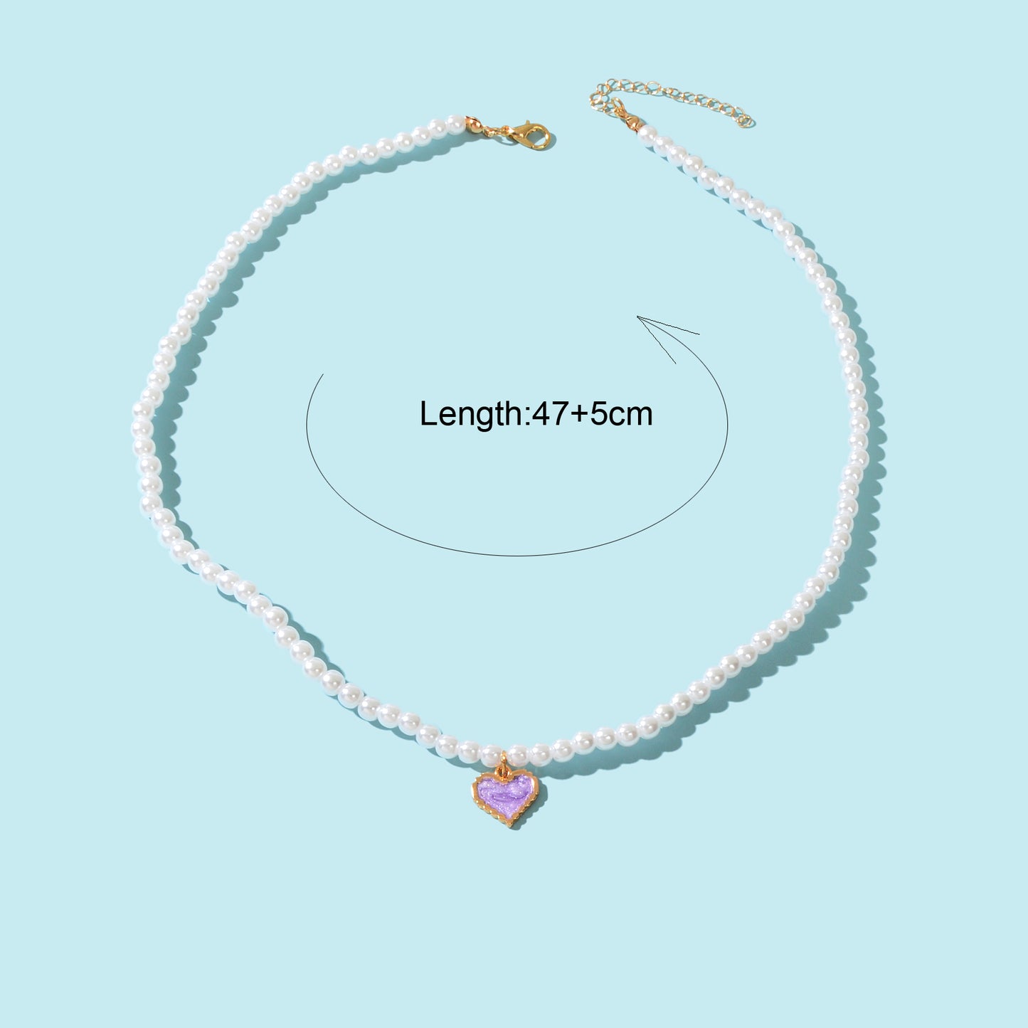 Elegant Imitation Pearl Chain Purple Enamel Heart Pendant Collar Necklace Anniversary Engagement Festival Gift Jewelry