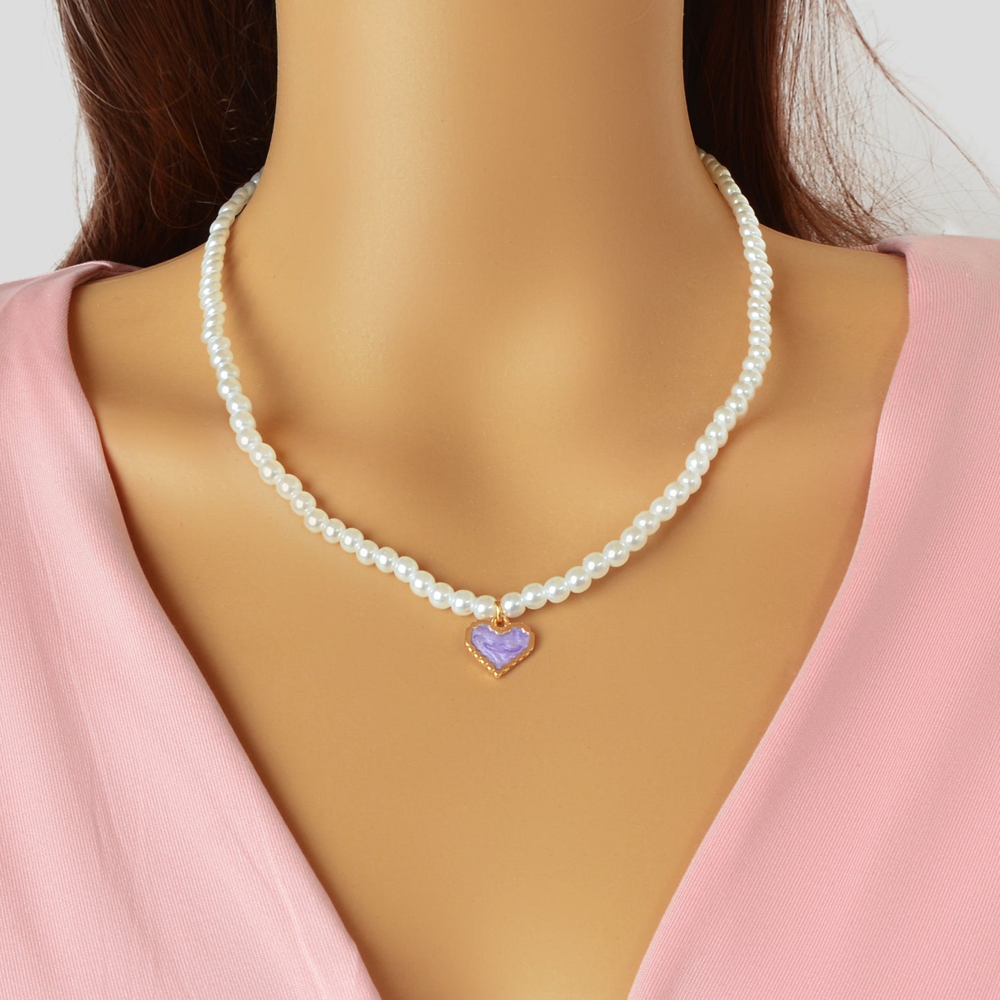 Elegant Imitation Pearl Chain Purple Enamel Heart Pendant Collar Necklace Anniversary Engagement Festival Gift Jewelry