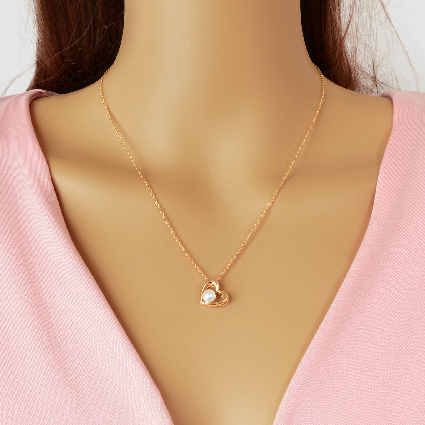 Delicate Golden Chain Imitation Pearl Decor Heart Pendant Necklace Daily Office Jewelry Girlfriend BFF Mom Gift