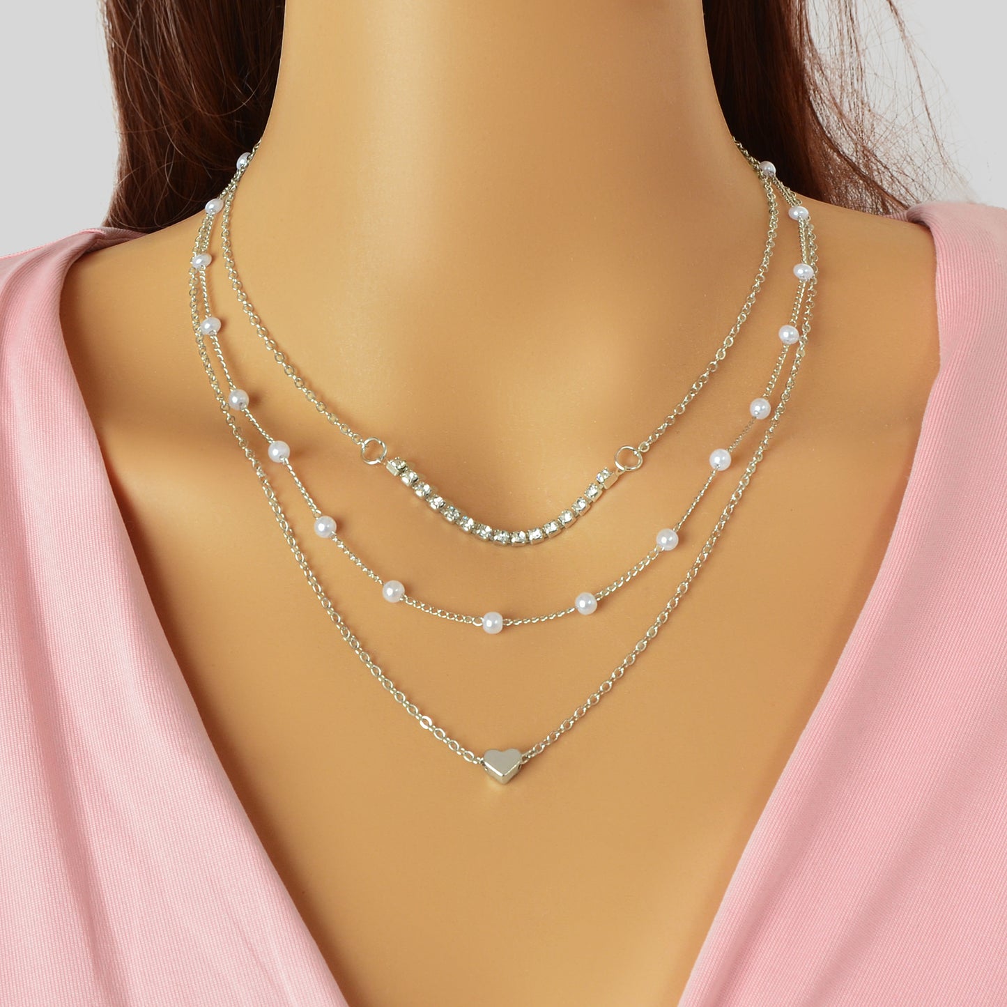 Imitation Pearl Rhinestone Decor Silvery Layered Chain Collar Necklace Party Prom Jewelry