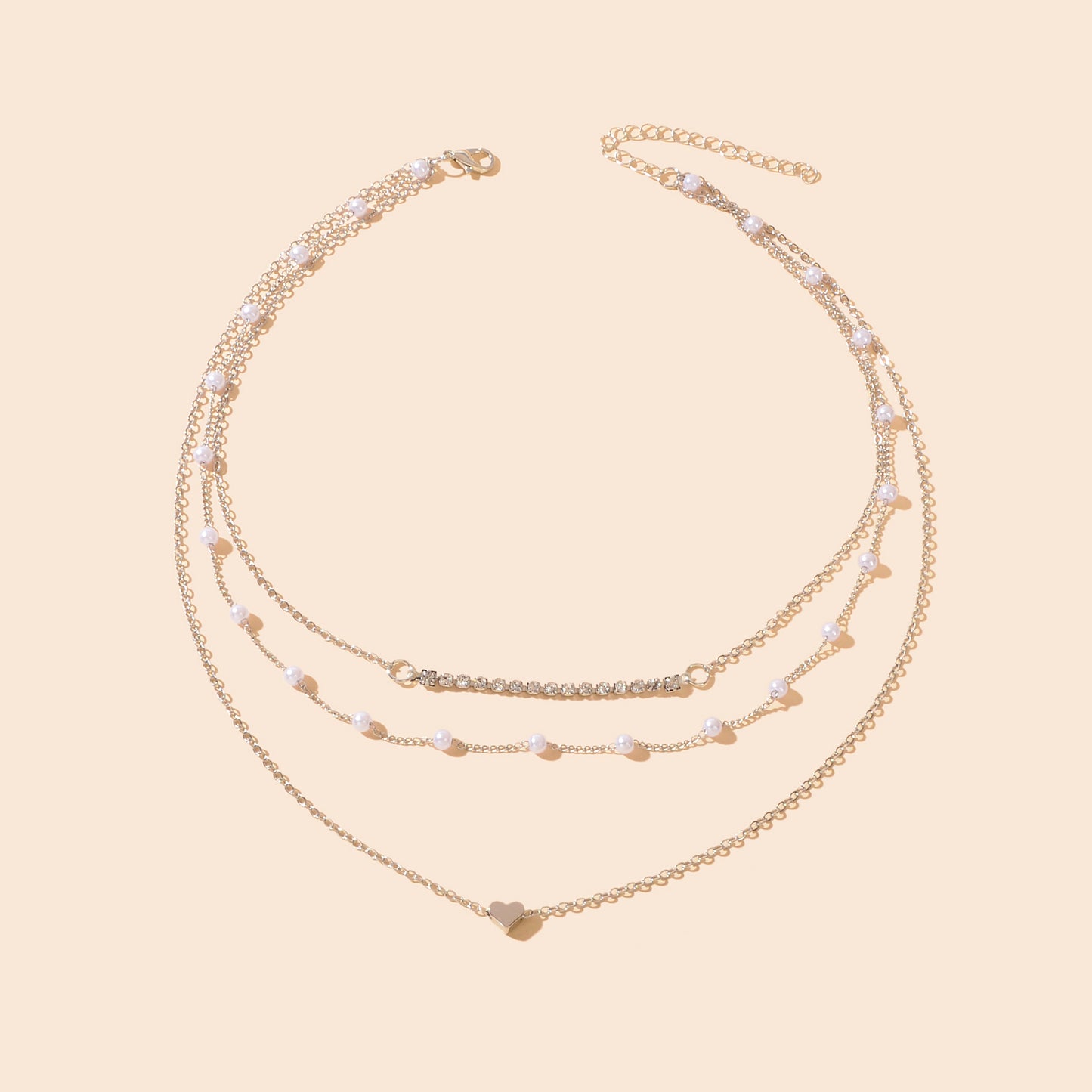 Imitation Pearl Rhinestone Decor Silvery Layered Chain Collar Necklace Party Prom Jewelry