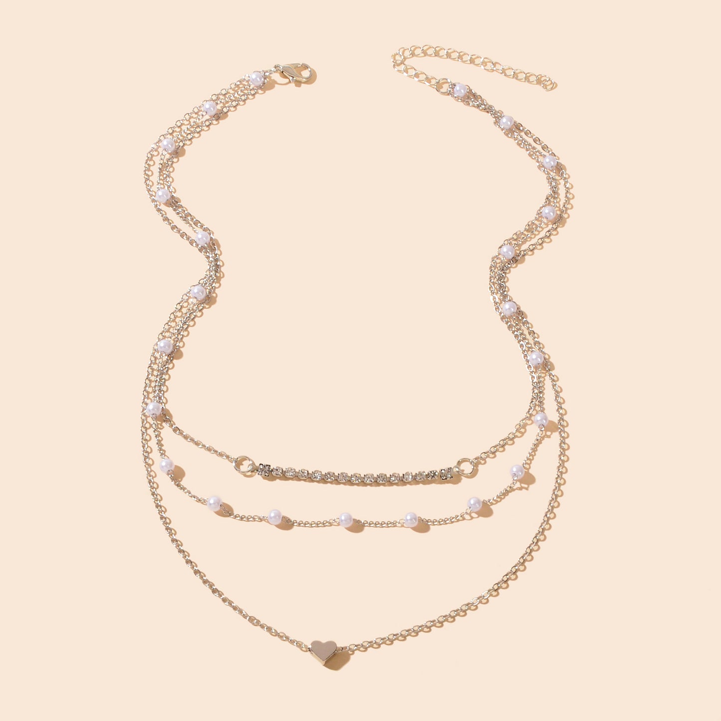 Imitation Pearl Rhinestone Decor Silvery Layered Chain Collar Necklace Party Prom Jewelry