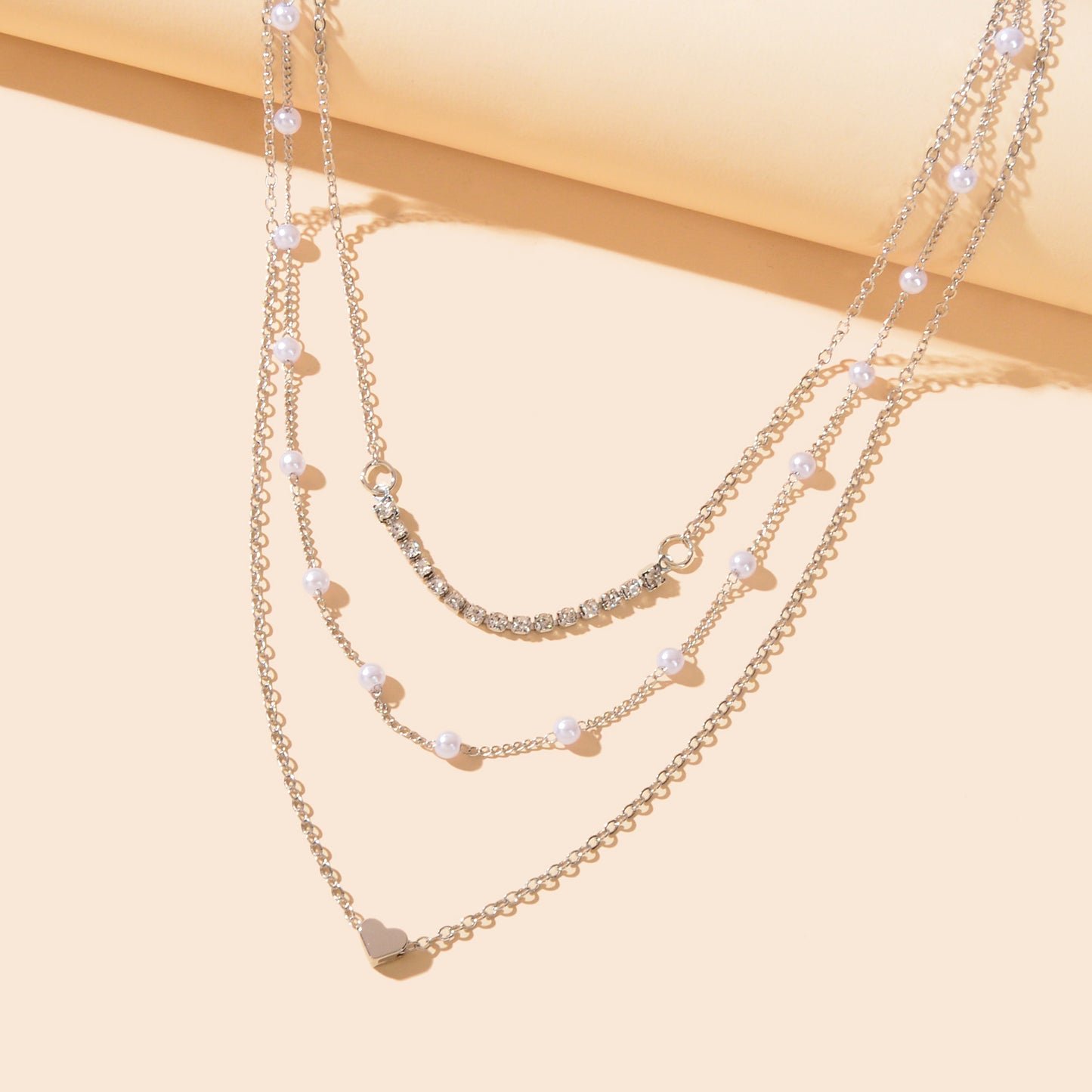 Imitation Pearl Rhinestone Decor Silvery Layered Chain Collar Necklace Party Prom Jewelry