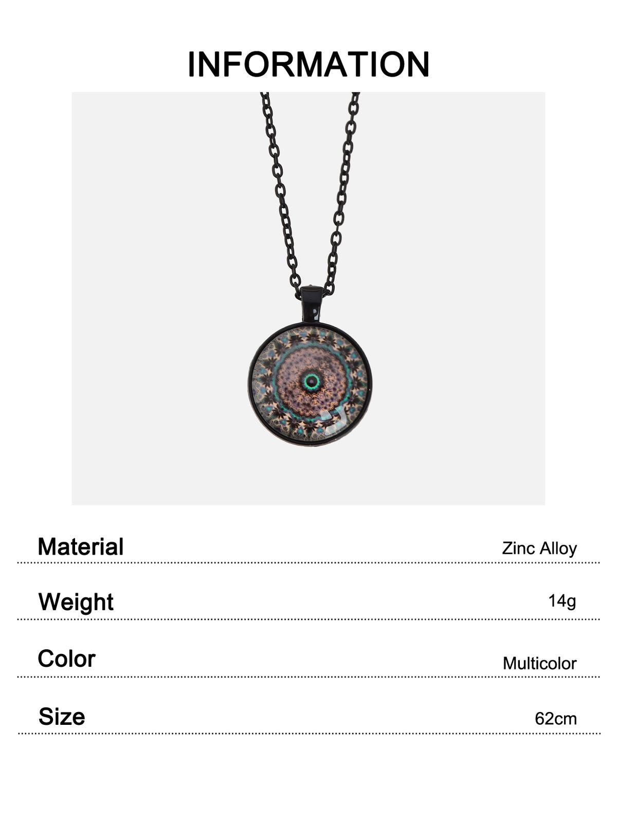 Black Long Chain Antique Colorful Floral Pattern Round Pendant Ethnic Necklace
