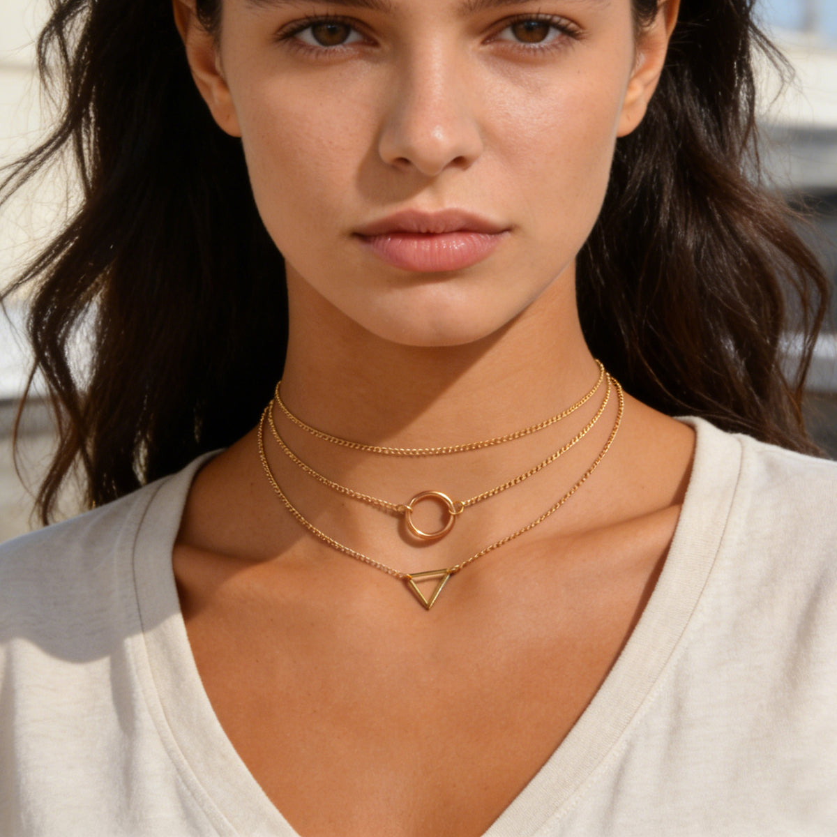 3 pcs Muti-layered Gold Silver Chain Circle Triangle Pendant Necklace Teens Gift