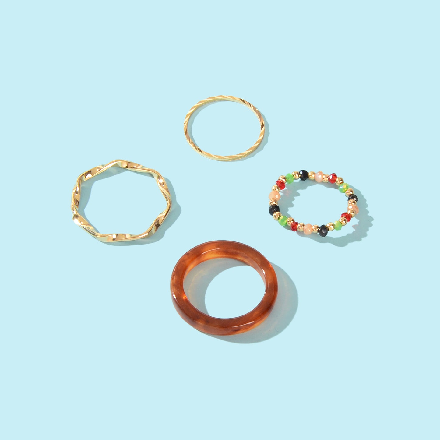 Multiple 4 pcs Geometric Elastic Beads Resin Stackable Midi Knuckle Rings set