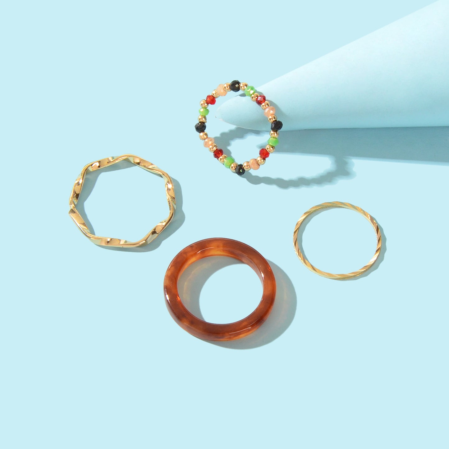 Multiple 4 pcs Geometric Elastic Beads Resin Stackable Midi Knuckle Rings set