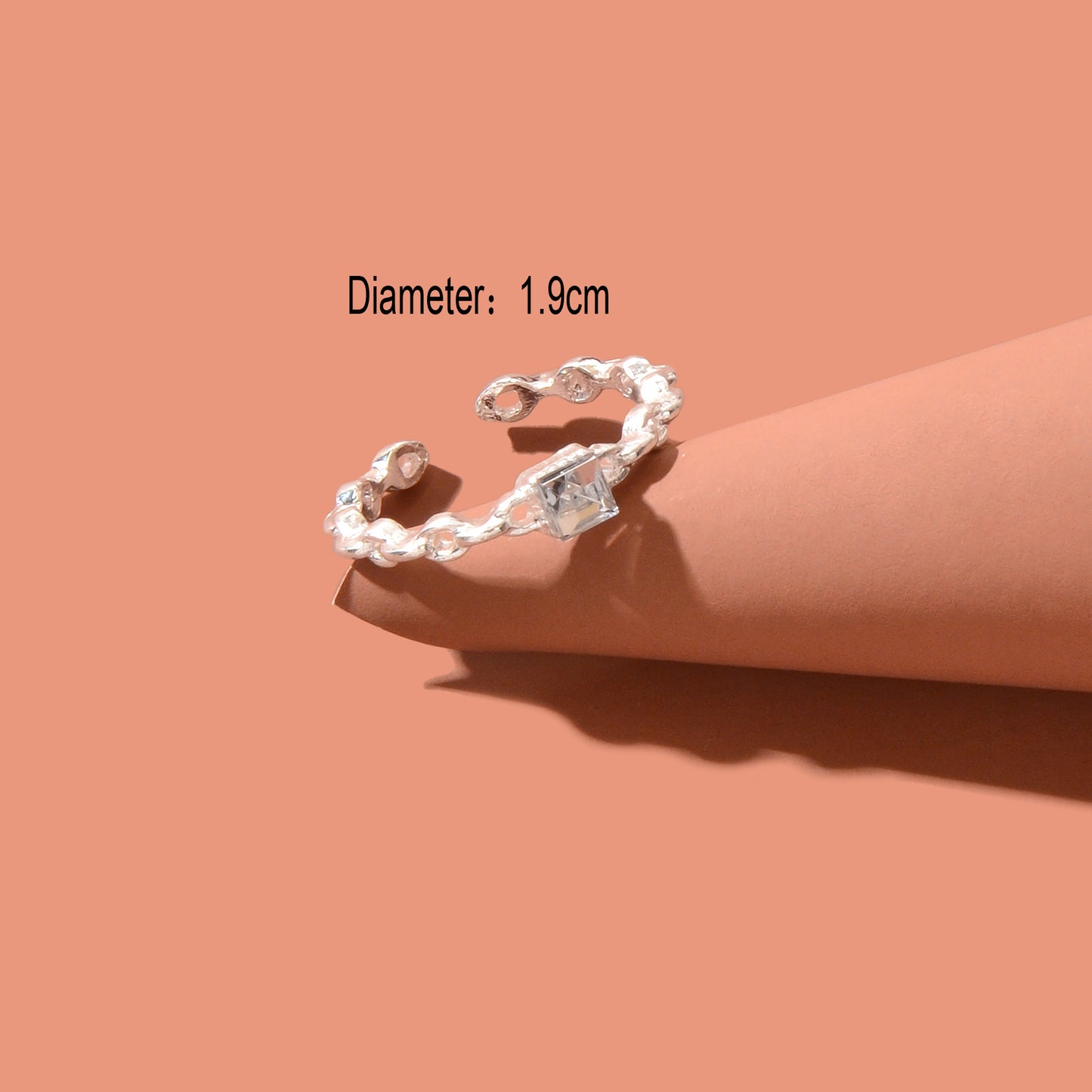 Exquisite Rhinestone Decor Silvery Chain Design Open Cuff Ring Women Party Prom Jewelry