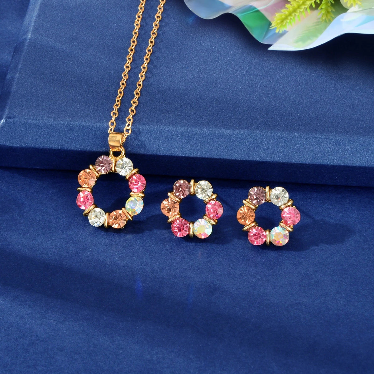 Colourful Rhinestone Flower Jewellry Set Round Charm Necklace Girl Stud Earrings
