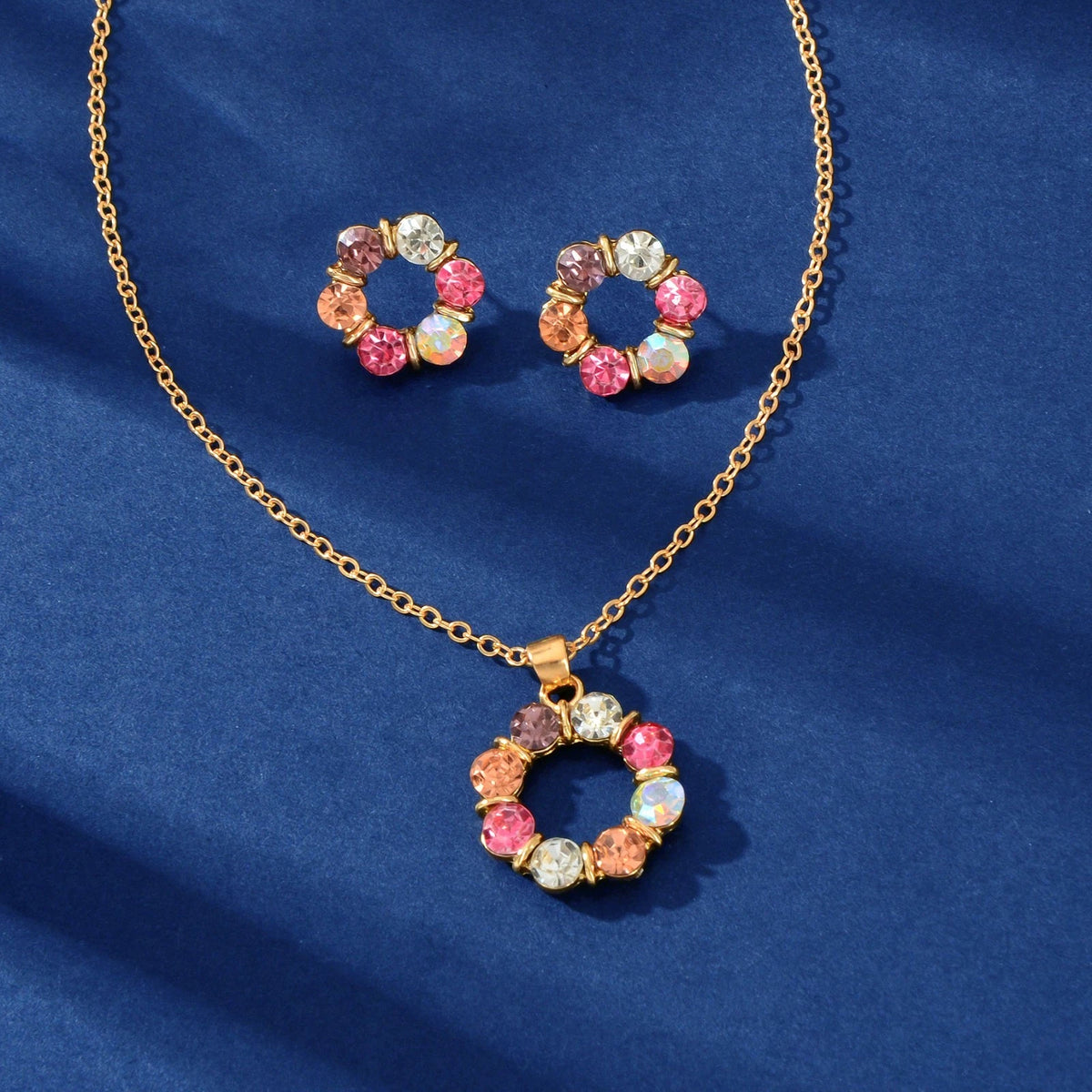 Colourful Rhinestone Flower Jewellry Set Round Charm Necklace Girl Stud Earrings