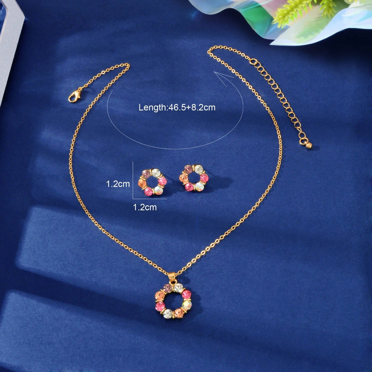 Colourful Rhinestone Flower Jewellry Set Round Charm Necklace Girl Stud Earrings