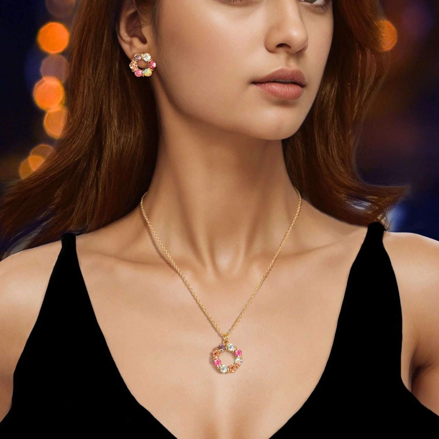 Colourful Rhinestone Flower Jewellry Set Round Charm Necklace Girl Stud Earrings