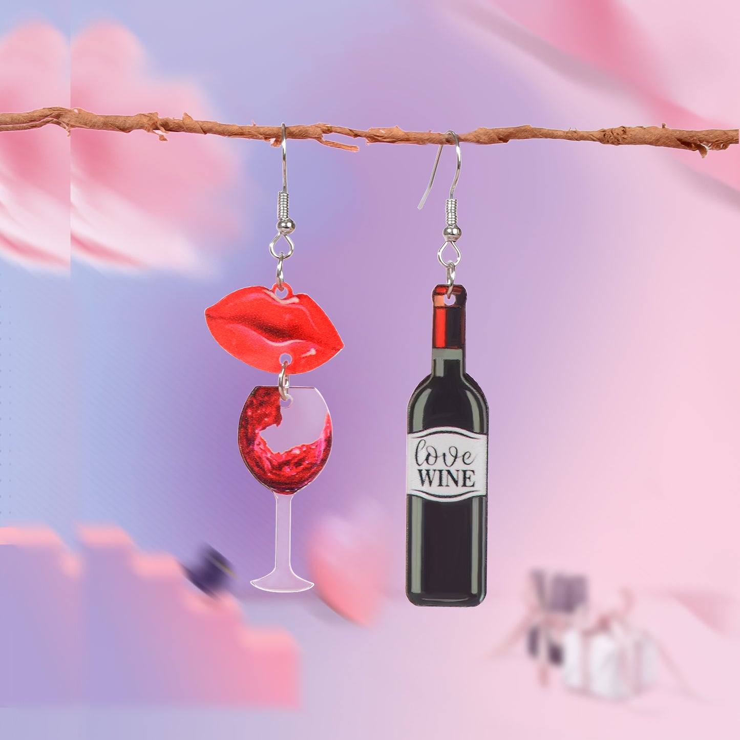 Funky Jewellery Acrylic Lips Wine Bottle and Glass Asymmetric Dangle Earrings