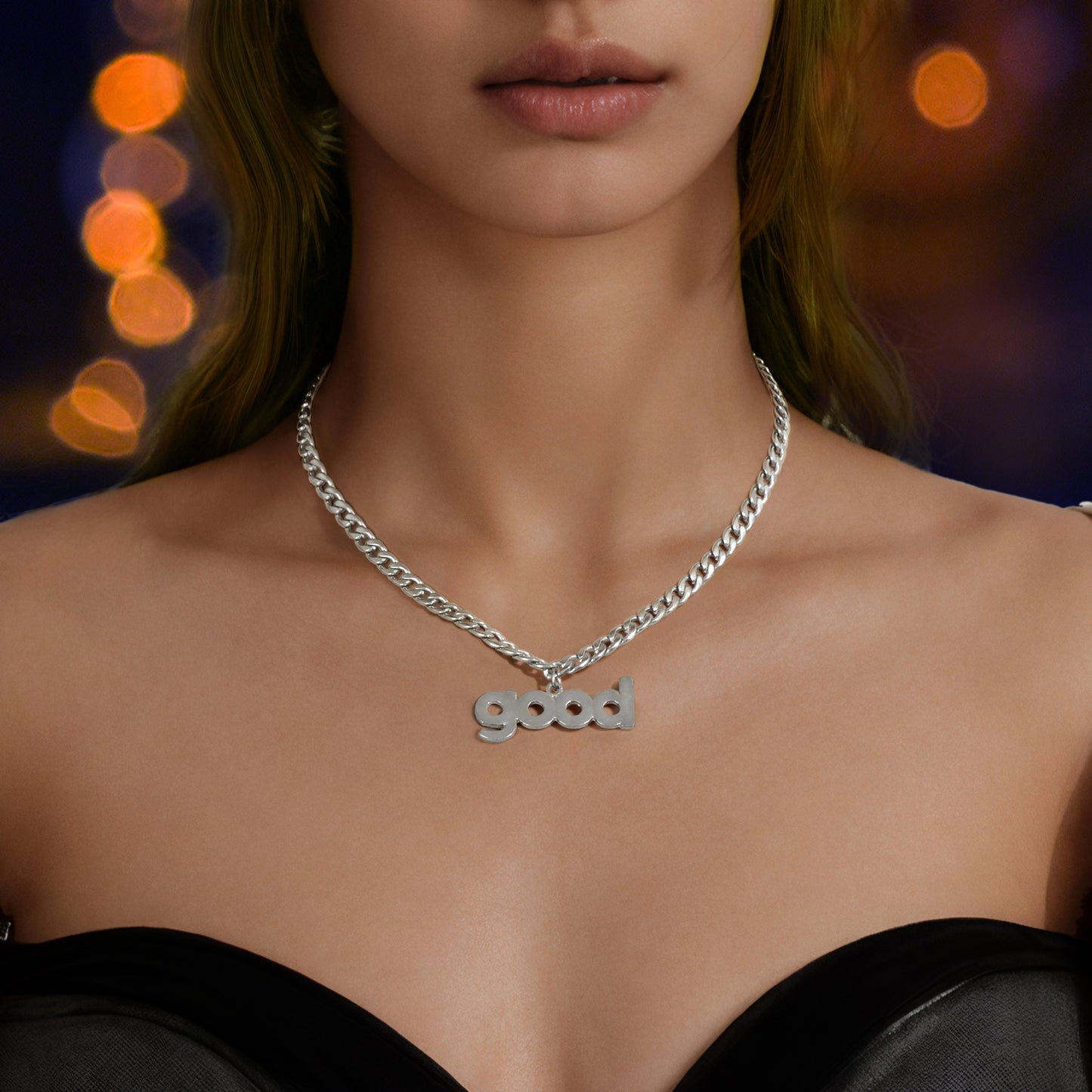 Street Sporty Silvery Thick Link Chain Good Letter Pendant Necklace Party Music Festival Jewelry