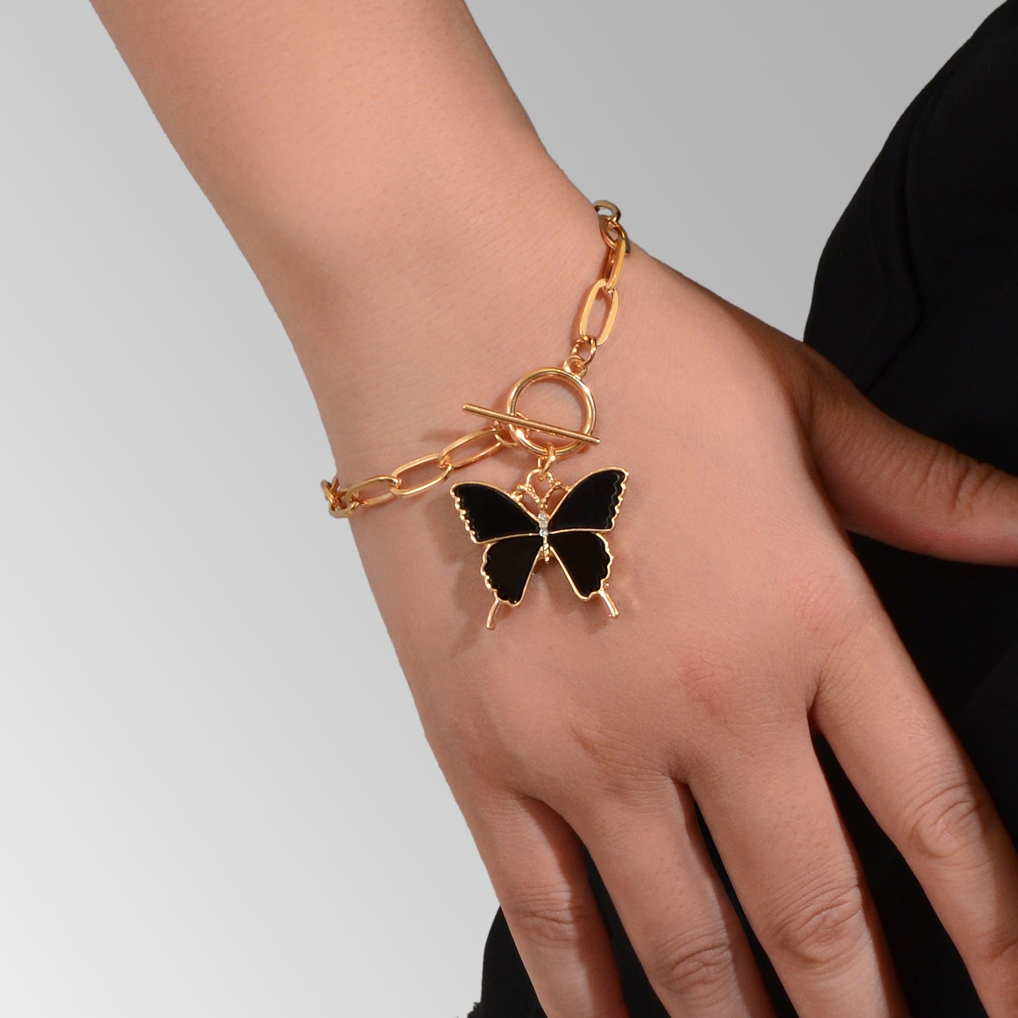 Elegant Thick Golden Link Chain Black Butterfly Charm Bracelet School Social Gatherings Party Jewelry