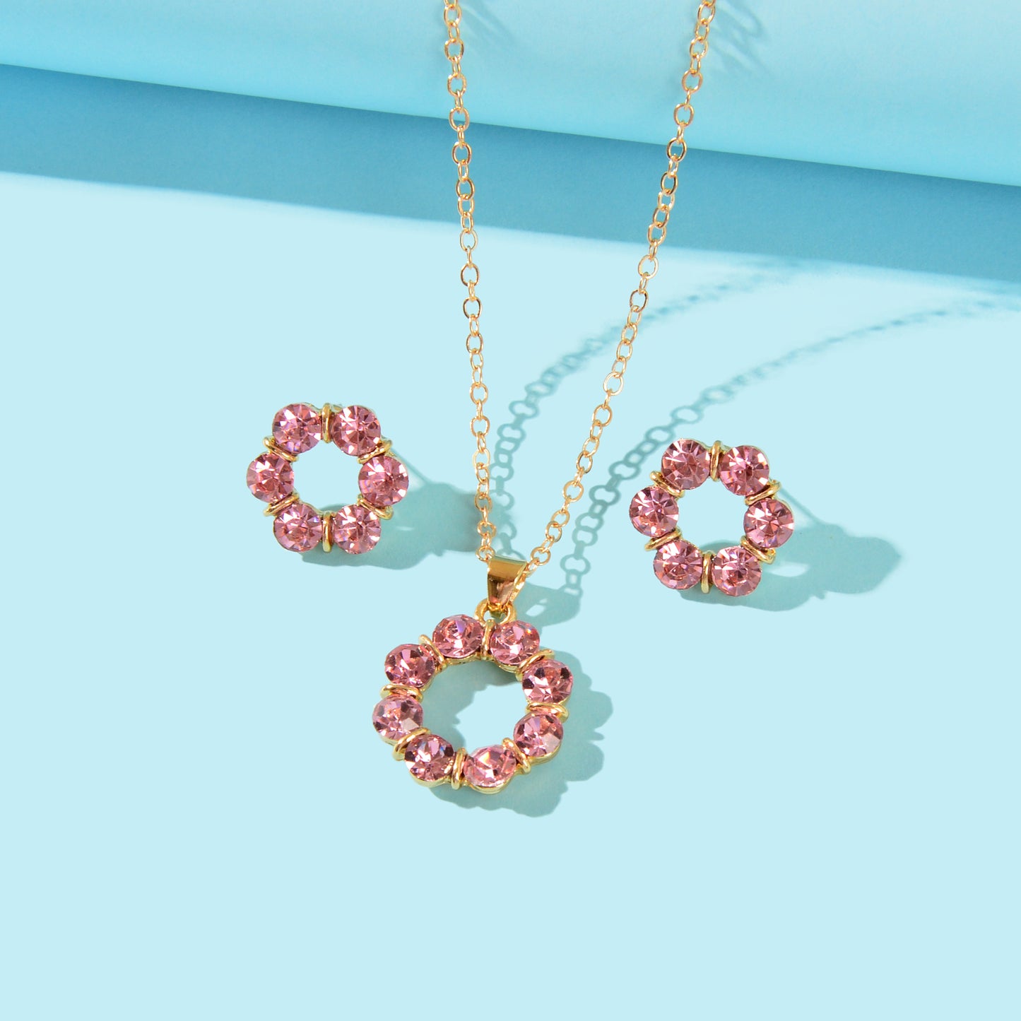 Multicolour Rainbow Round Charm Necklace Stud Earrings Girls Dainty Jewelry Set