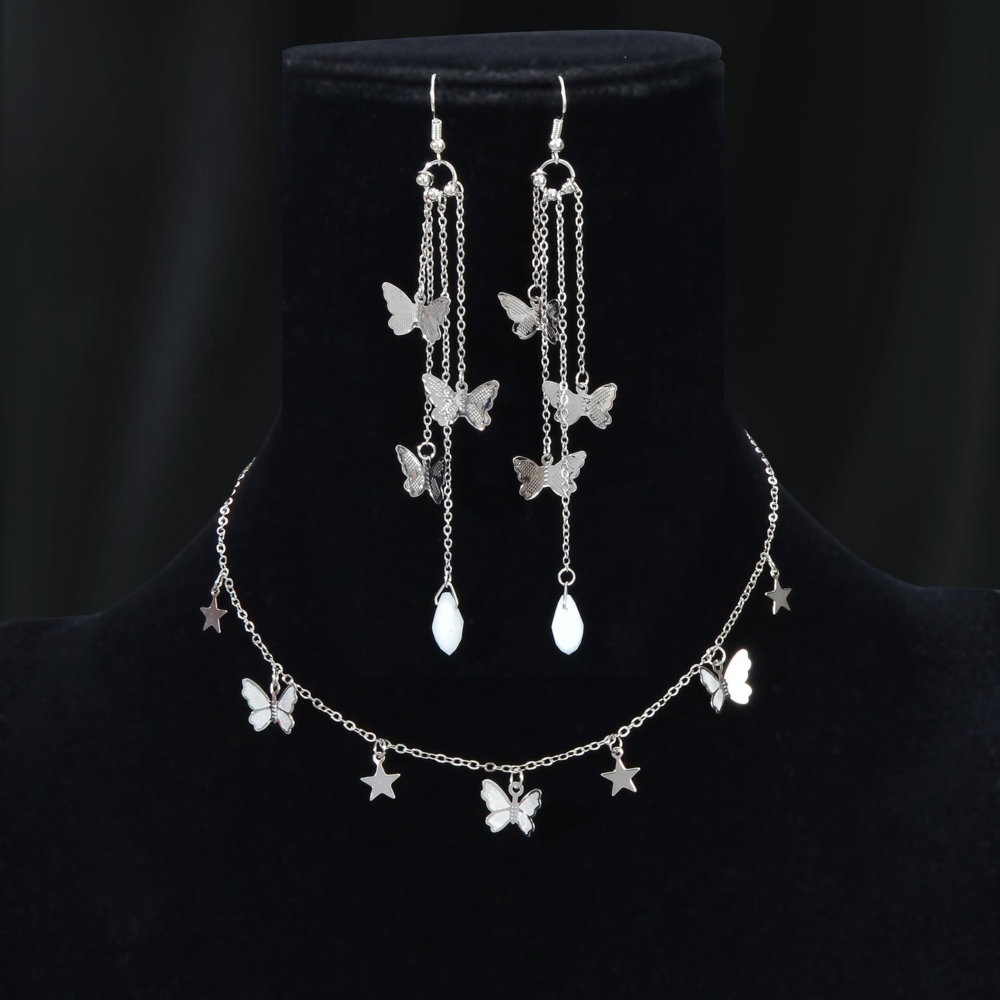 Silvery Chain Star Butterfly Charm Necklace Long Chain Tassel Butterfly Earrings Party Jewelry set