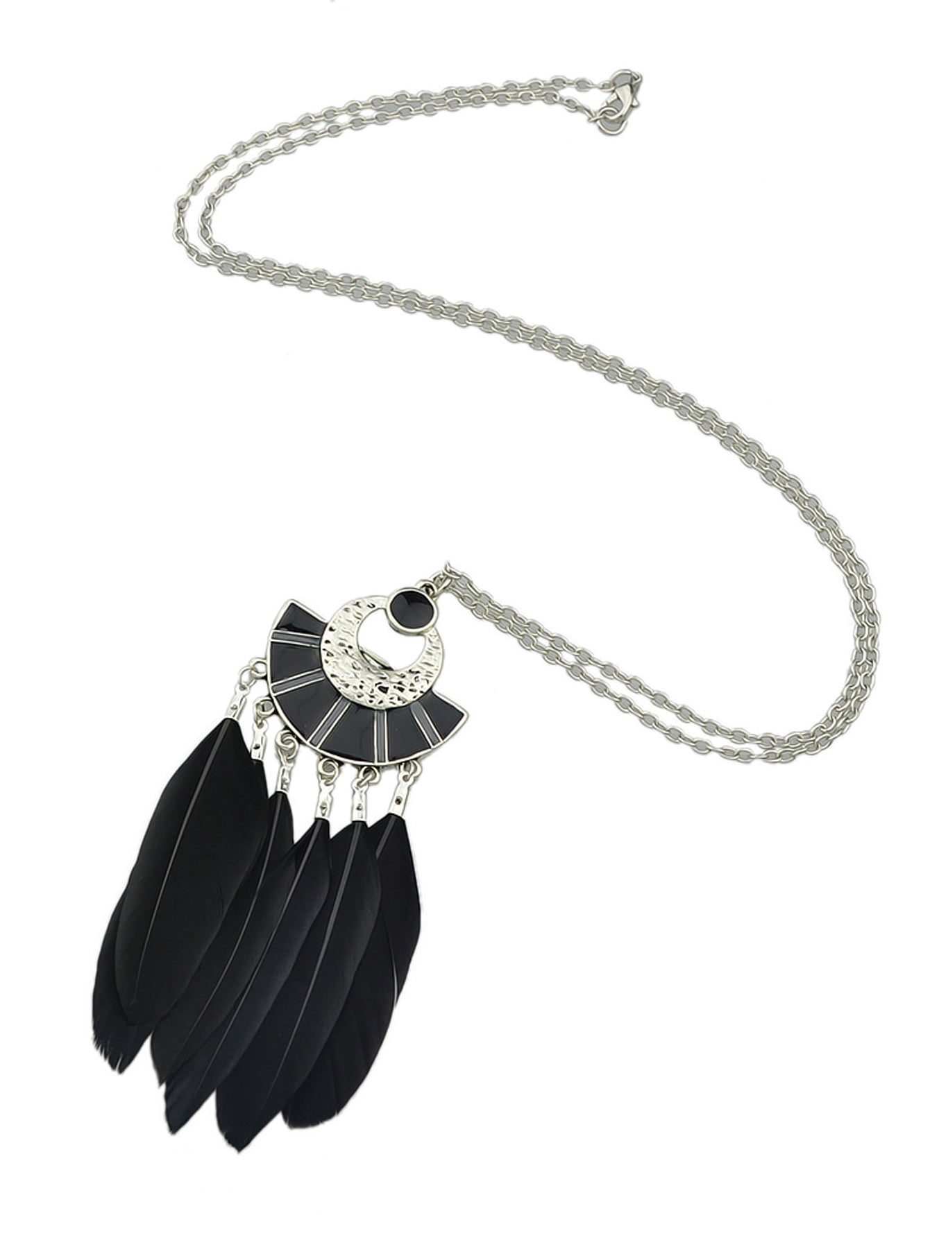 Ethnic Bohemian Traditional Jewellery Silver Long Chain Feather Shape Necklace