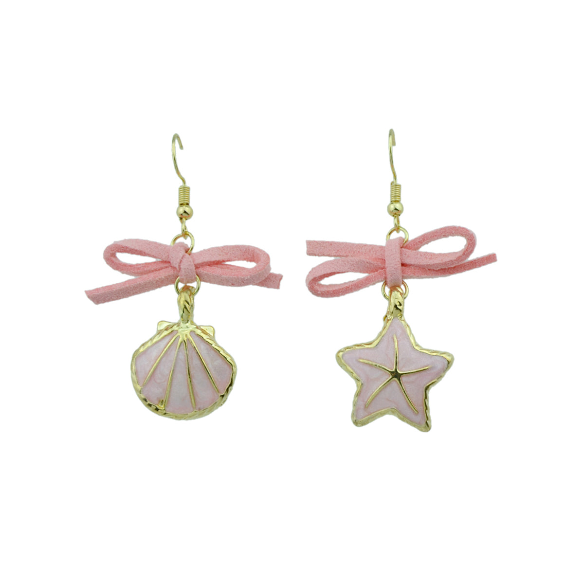 Asymmetric Design Pink Bowknot Enamel Shellfish Starfish Drop Boho Chic Earrings