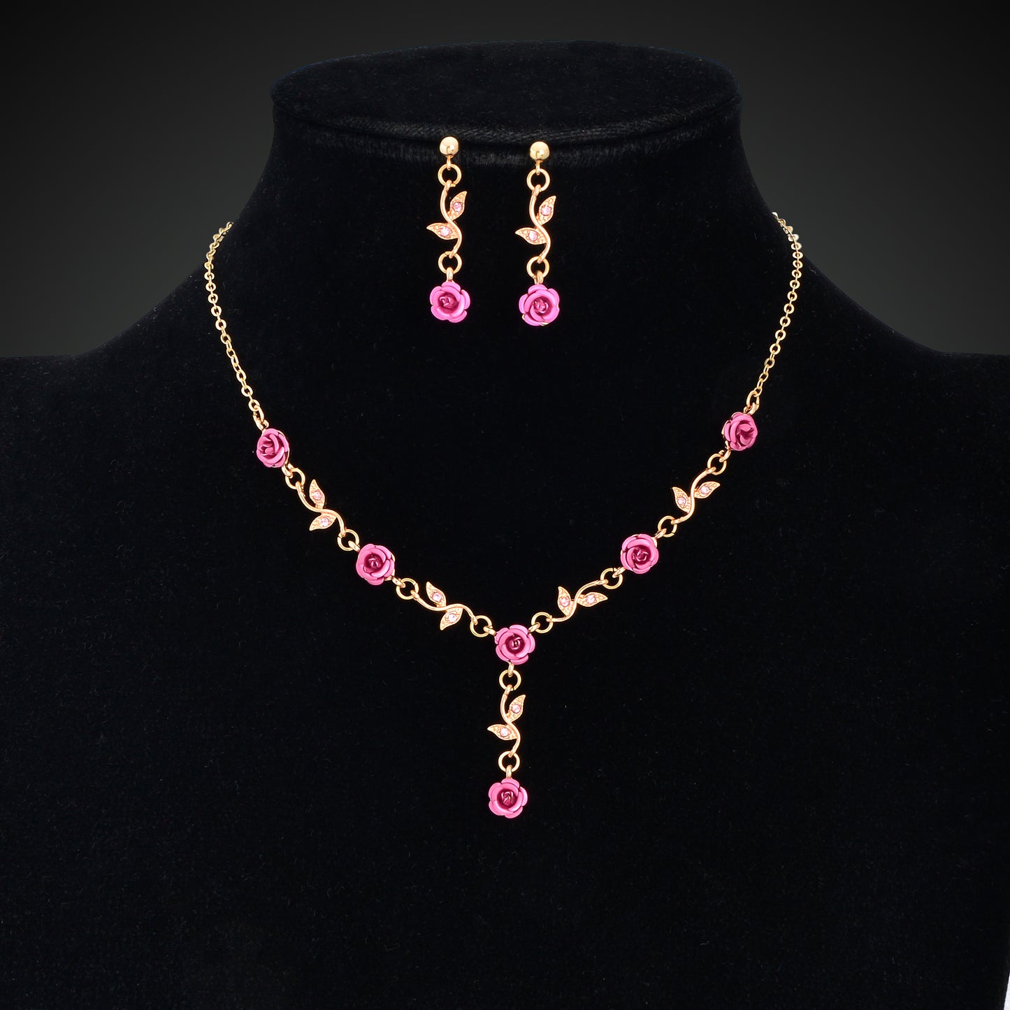 Golden Leaf Red Hot Pink Flower Pendant Necklace Dangle Earrings Jewellery set