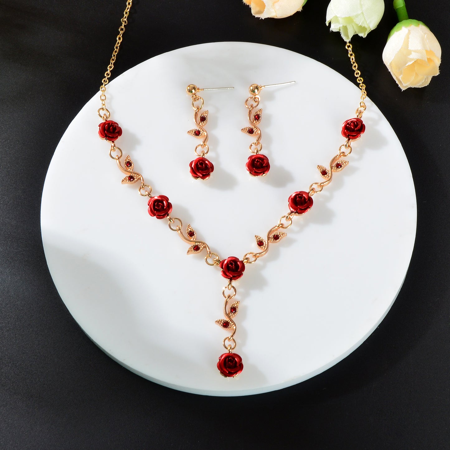 Golden Leaf Red Hot Pink Flower Pendant Necklace Dangle Earrings Jewellery set