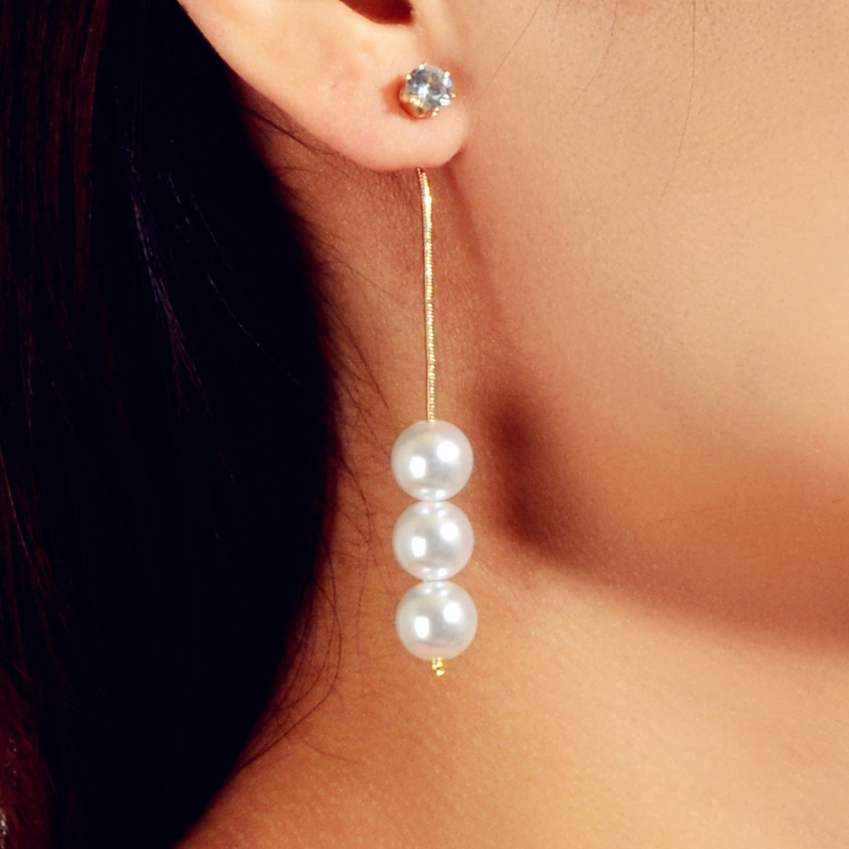 Luxury Jewellery Rhinestone Long Gold Chain Beads Asymmetric Earrings Ear Jacket