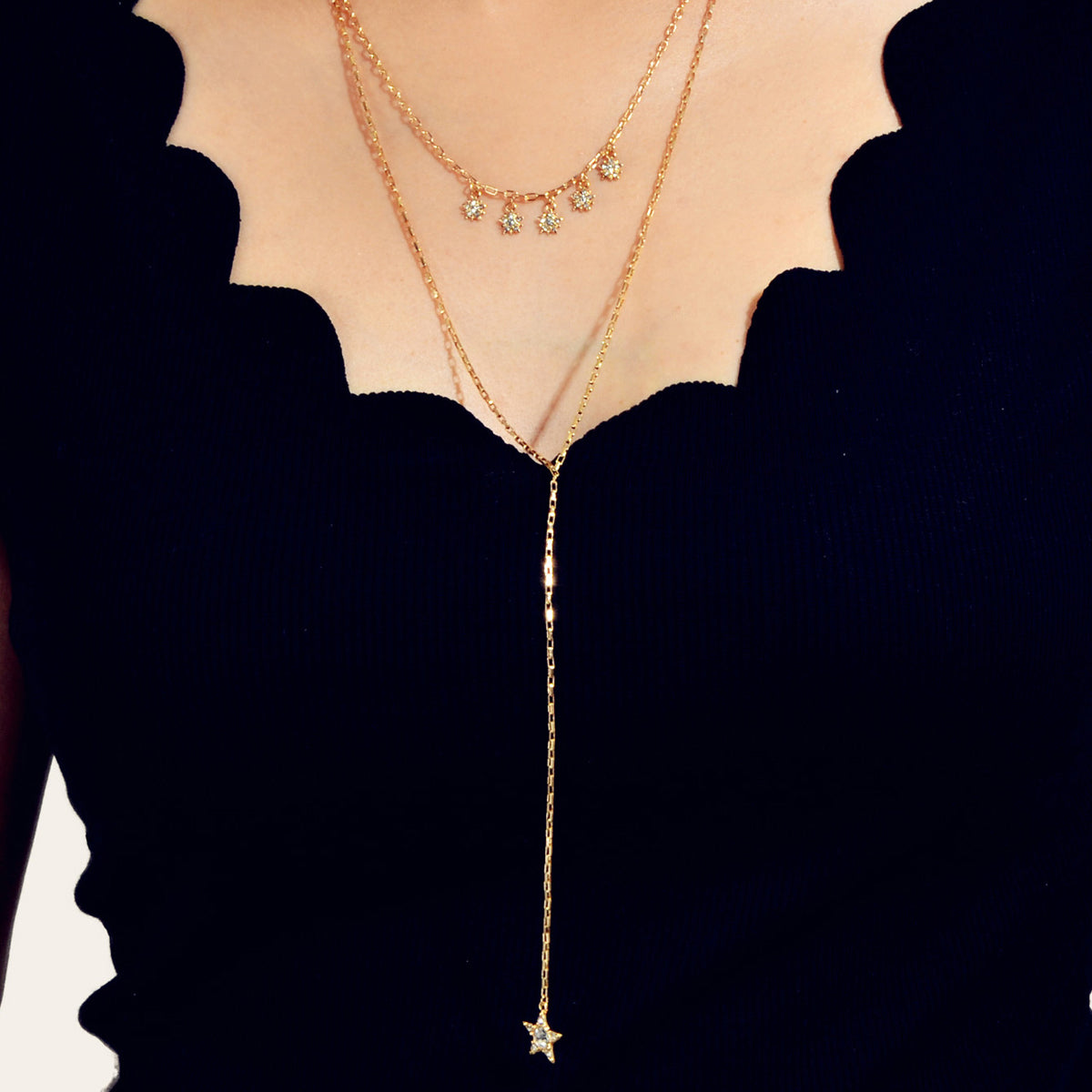 Trendy Jewellery Rhinestone Double layer Gold Chain Star Charm Y shape Necklace