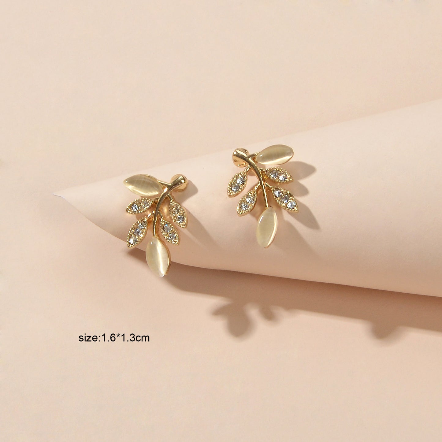 Luxurious Opal Rhinestone Gold  Leaf Stud Textured Earrings Anniversary Jewelry