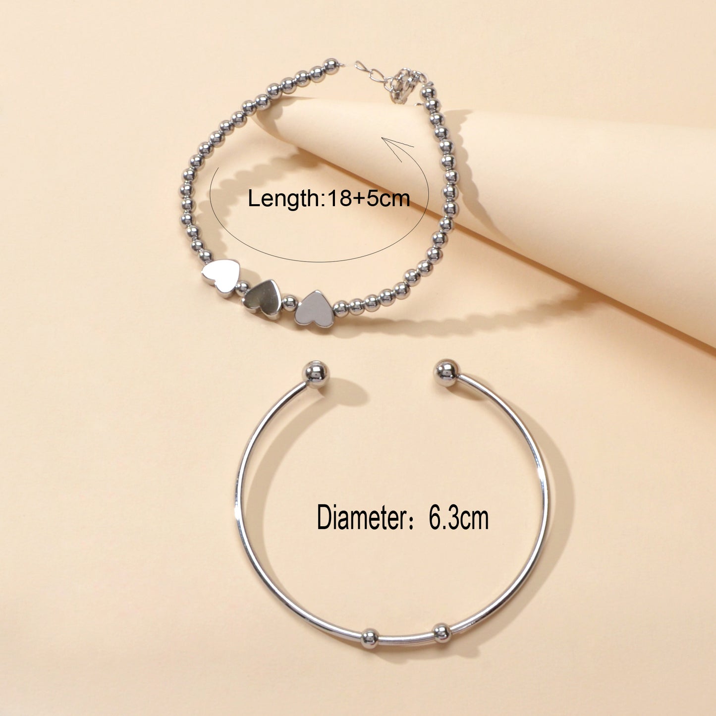 2 pcs Silver Heart Chain Bracelet Open Cuff Bangle Ladies Jewellery Accessories