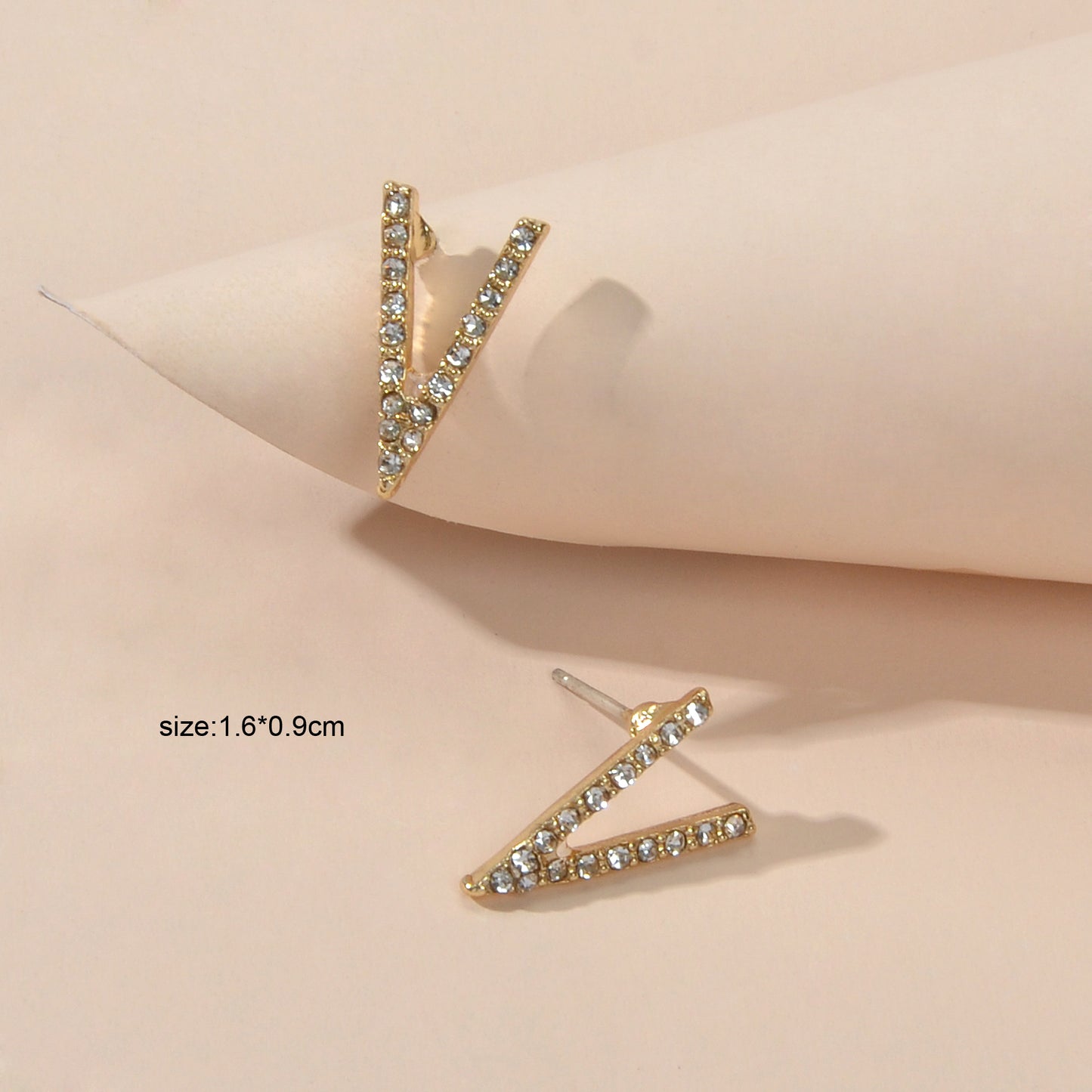 Gold Plated Rhinestone Decor V shape Stud Pierced Personality Geometric Earrings