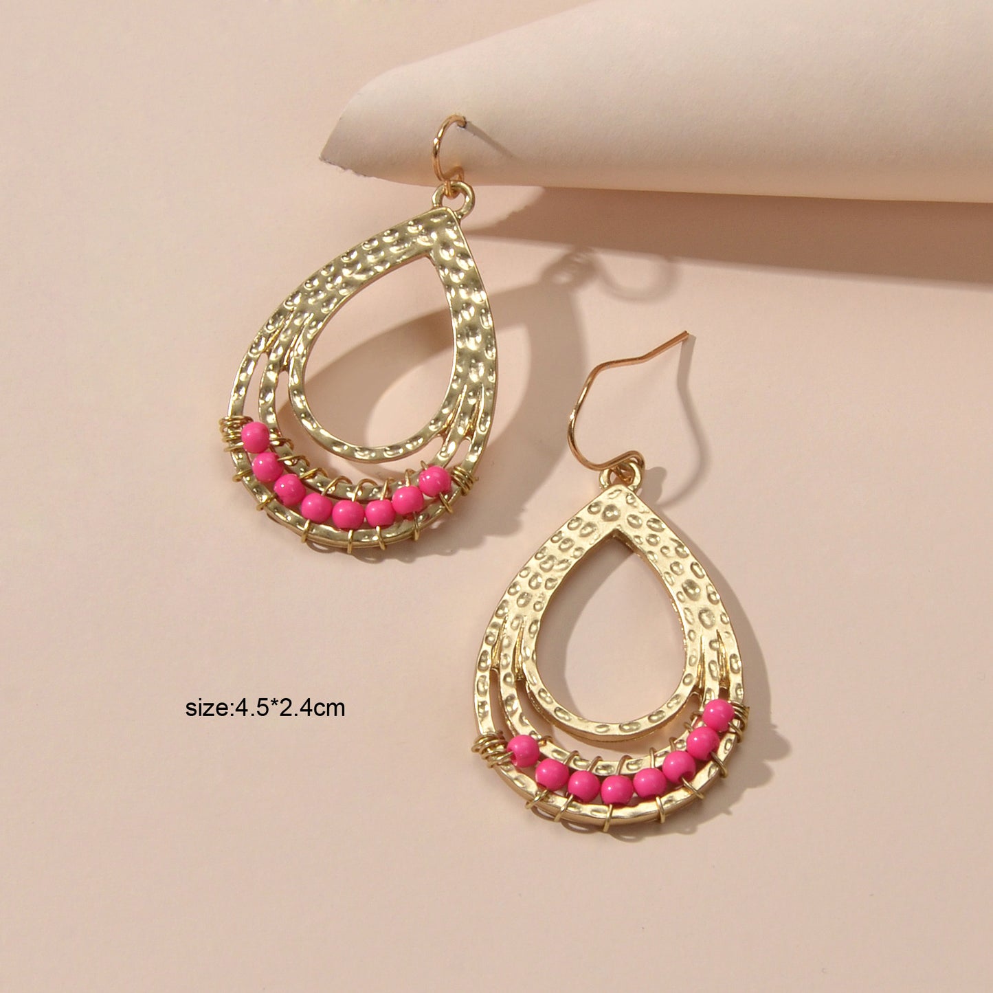 Ethnic Hotpink Beads Handmade Hollow Water Drop Bohemian Traditional Earrings