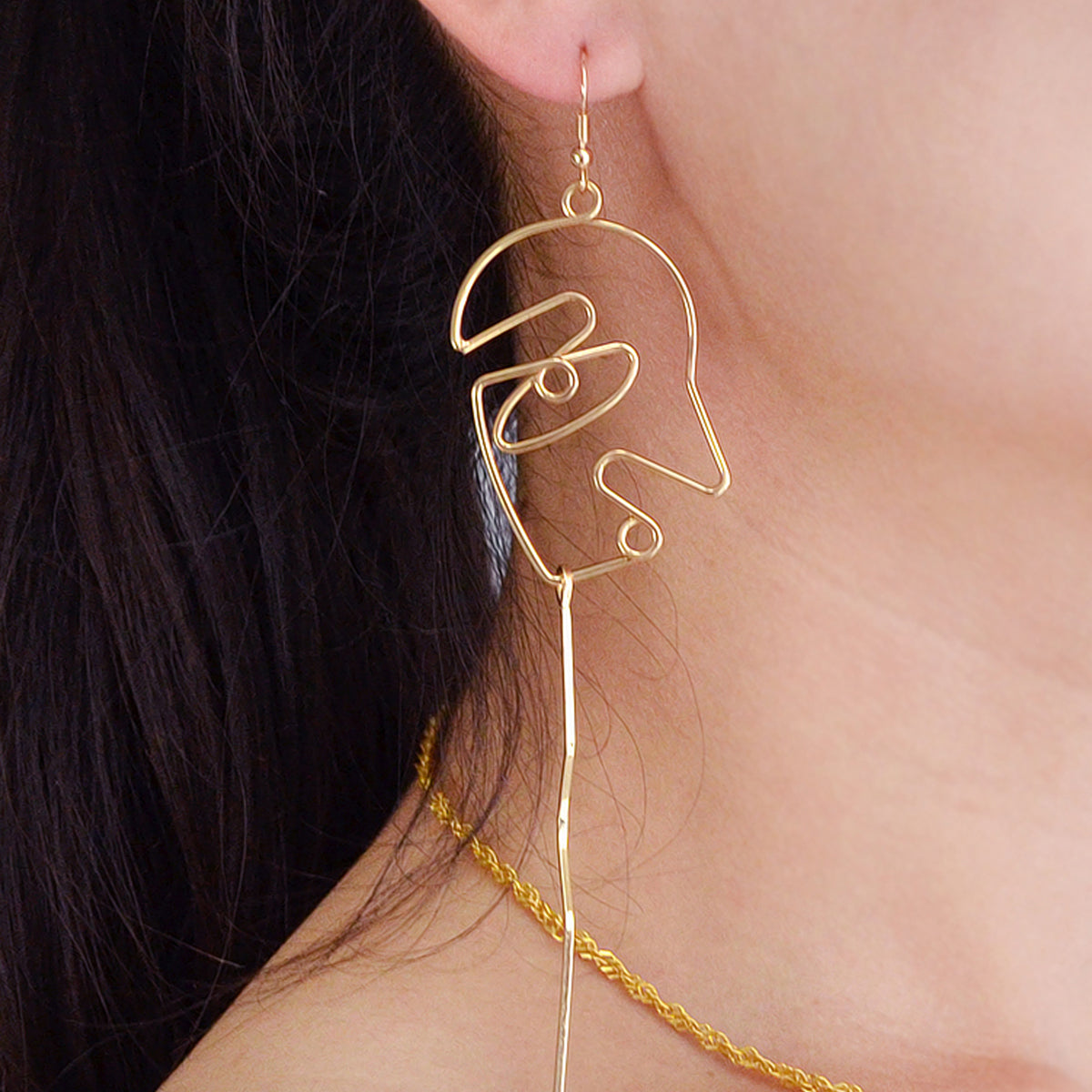 Abstract Art Gold Silver Metal Minimalist Hollow Weird Face Long Charm Earrings