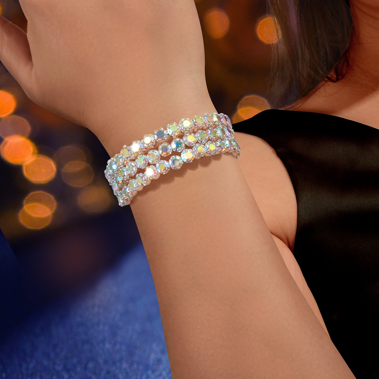 Luxurious Sparkling Zircon Decor Silver Layered Bracelets Bangle Wedding Jewelry