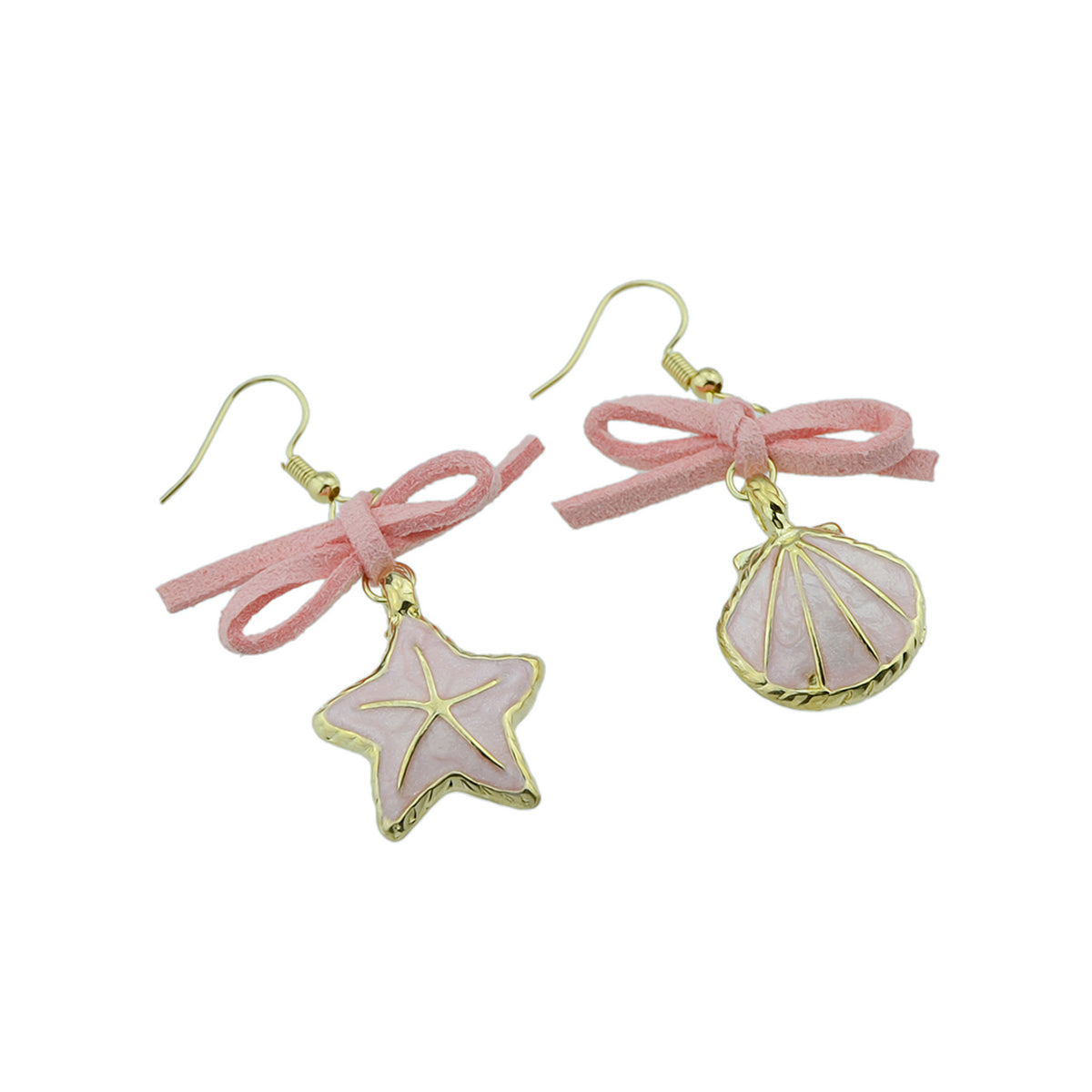 Asymmetric Design Pink Bowknot Enamel Shellfish Starfish Drop Boho Chic Earrings